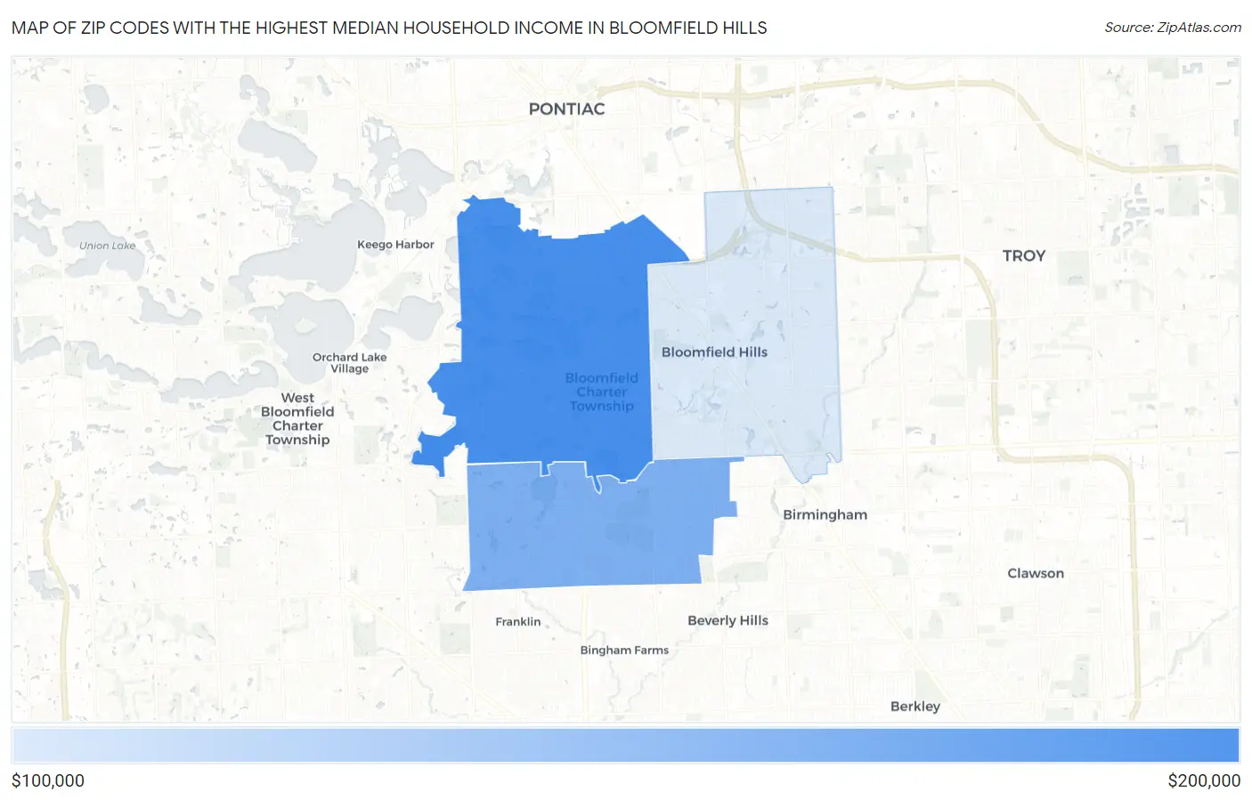 Zip Codes with the Highest Median Household Income in Bloomfield Hills Map
