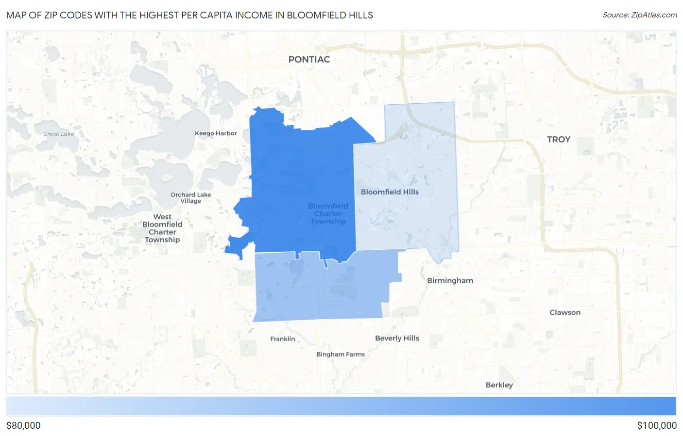 Zip Codes with the Highest Per Capita Income in Bloomfield Hills Map