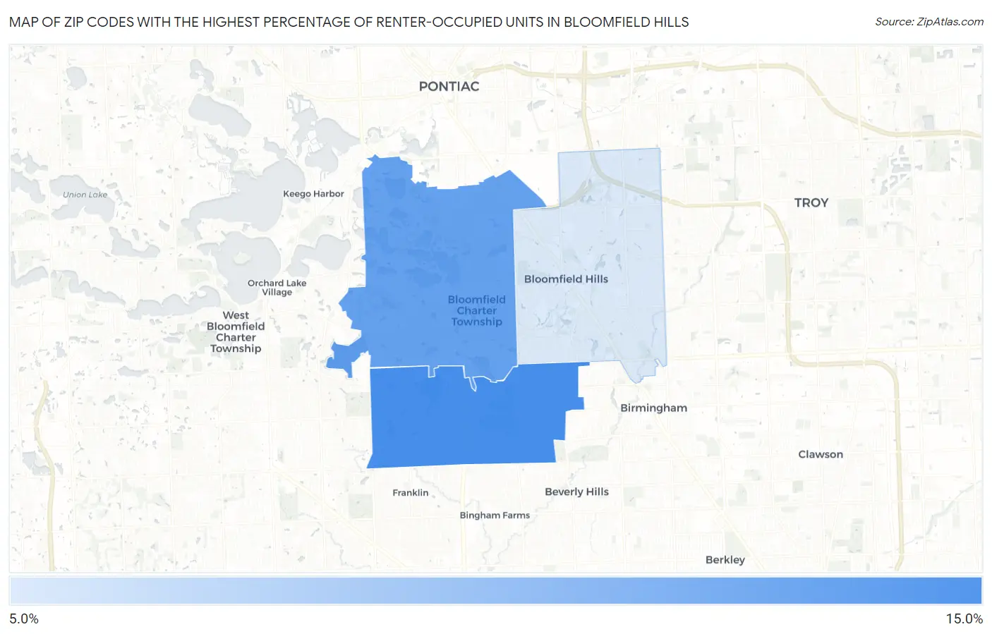 Zip Codes with the Highest Percentage of Renter-Occupied Units in Bloomfield Hills Map