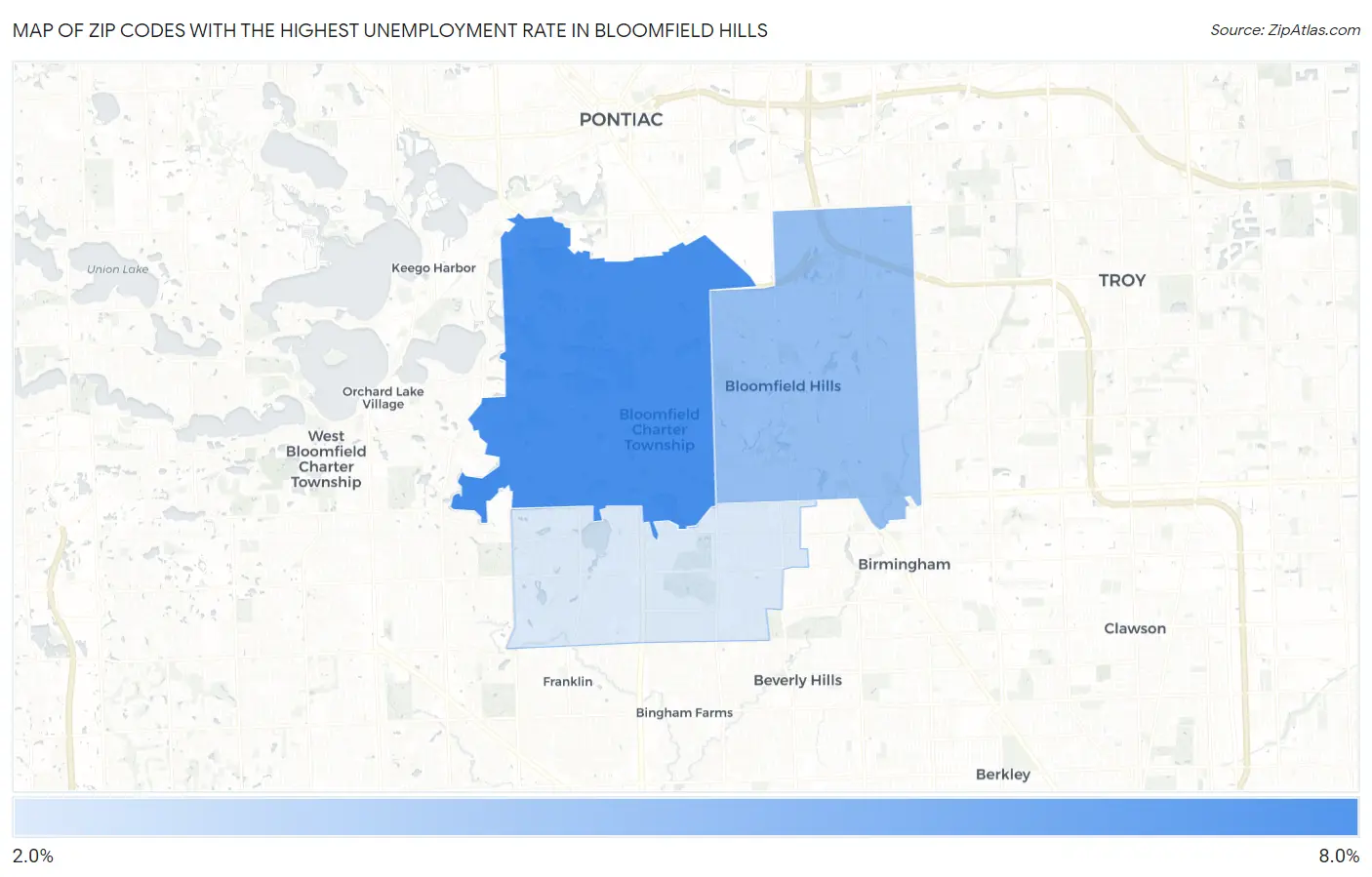 Zip Codes with the Highest Unemployment Rate in Bloomfield Hills Map
