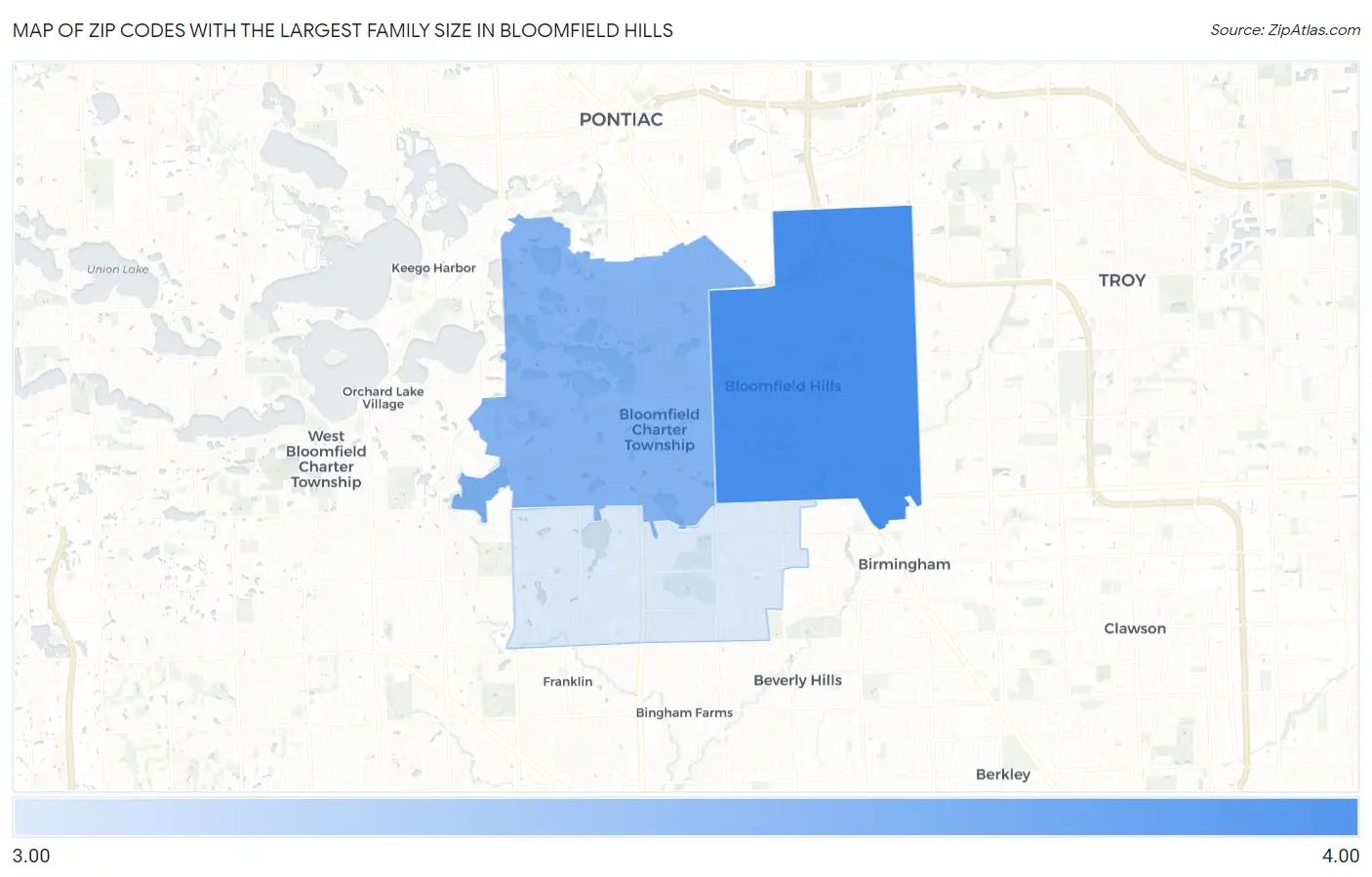 Zip Codes with the Largest Family Size in Bloomfield Hills Map