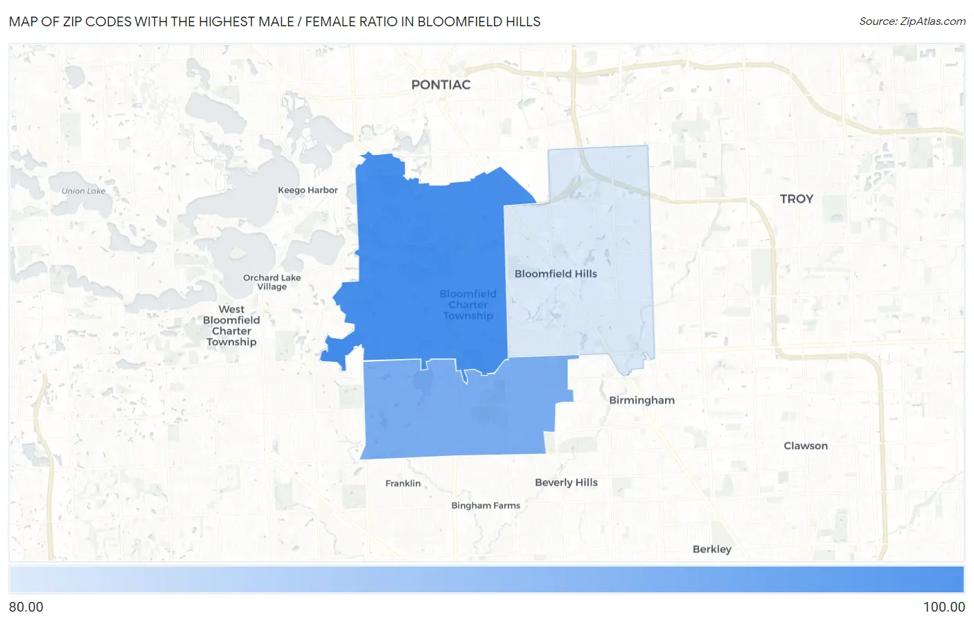 Zip Codes with the Highest Male / Female Ratio in Bloomfield Hills Map