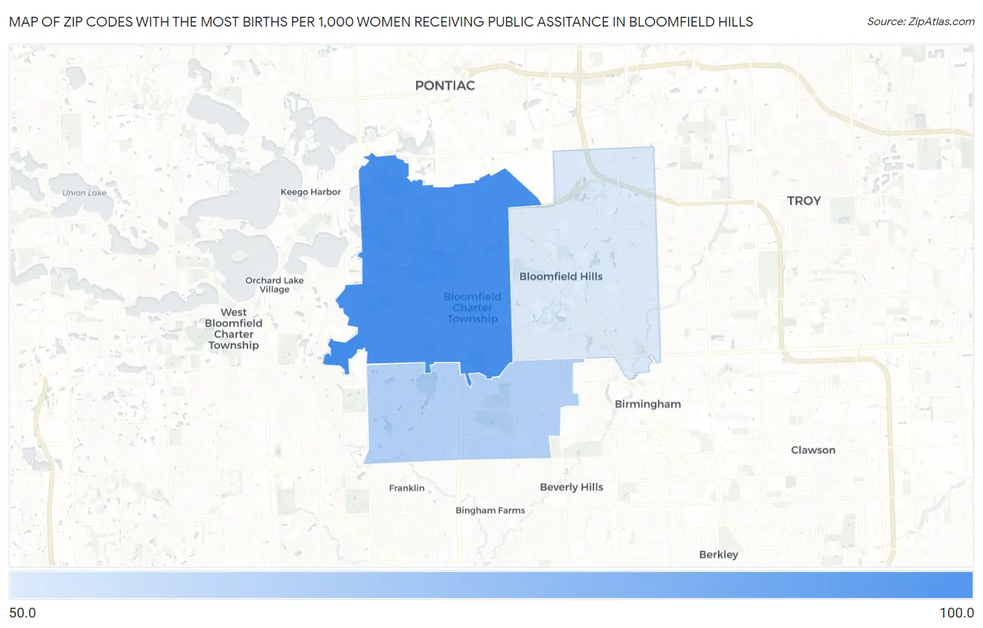 Zip Codes with the Most Births per 1,000 Women Receiving Public Assitance in Bloomfield Hills Map