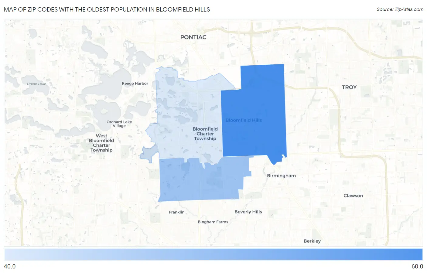 Zip Codes with the Oldest Population in Bloomfield Hills Map