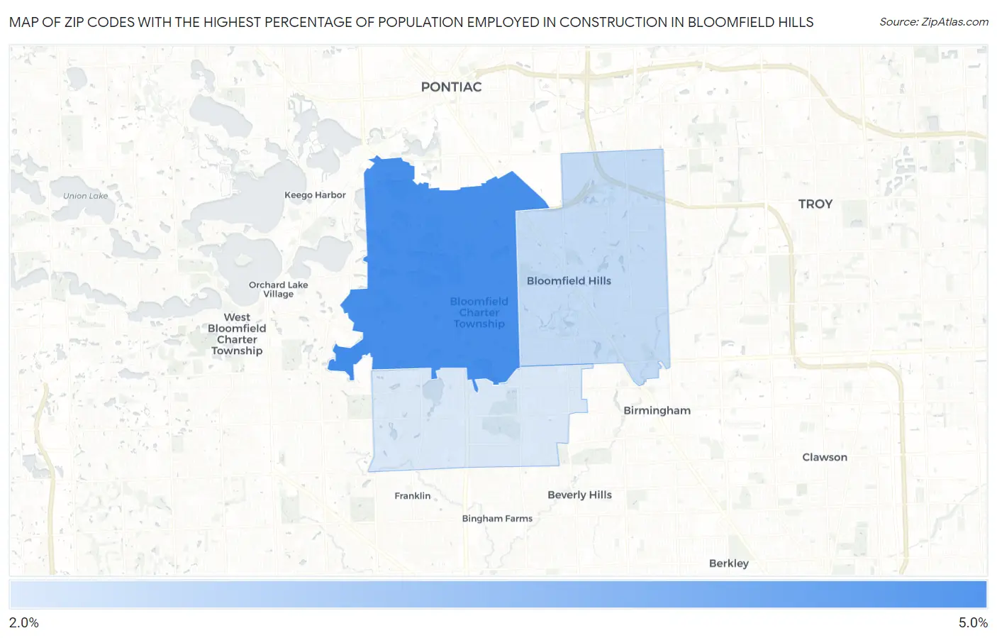 Zip Codes with the Highest Percentage of Population Employed in Construction in Bloomfield Hills Map