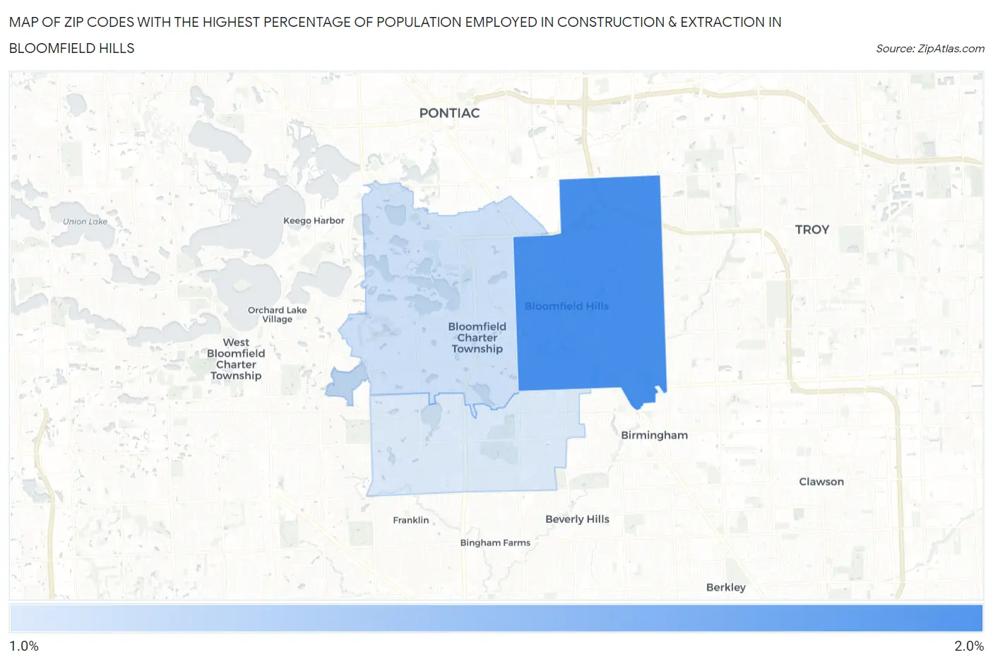 Zip Codes with the Highest Percentage of Population Employed in Construction & Extraction in Bloomfield Hills Map
