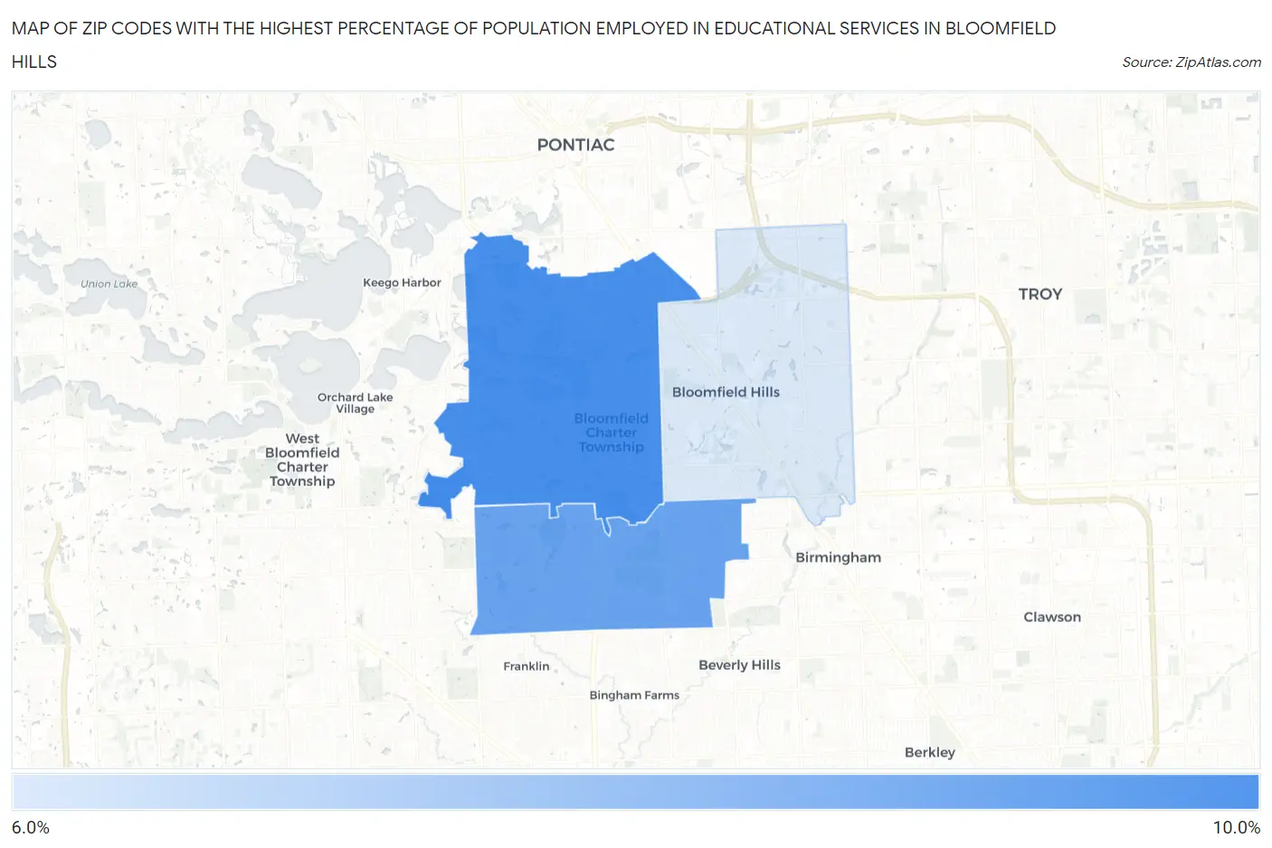Zip Codes with the Highest Percentage of Population Employed in Educational Services in Bloomfield Hills Map
