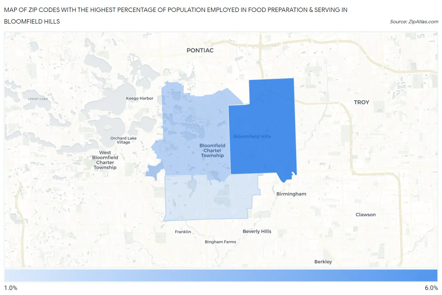Zip Codes with the Highest Percentage of Population Employed in Food Preparation & Serving in Bloomfield Hills Map