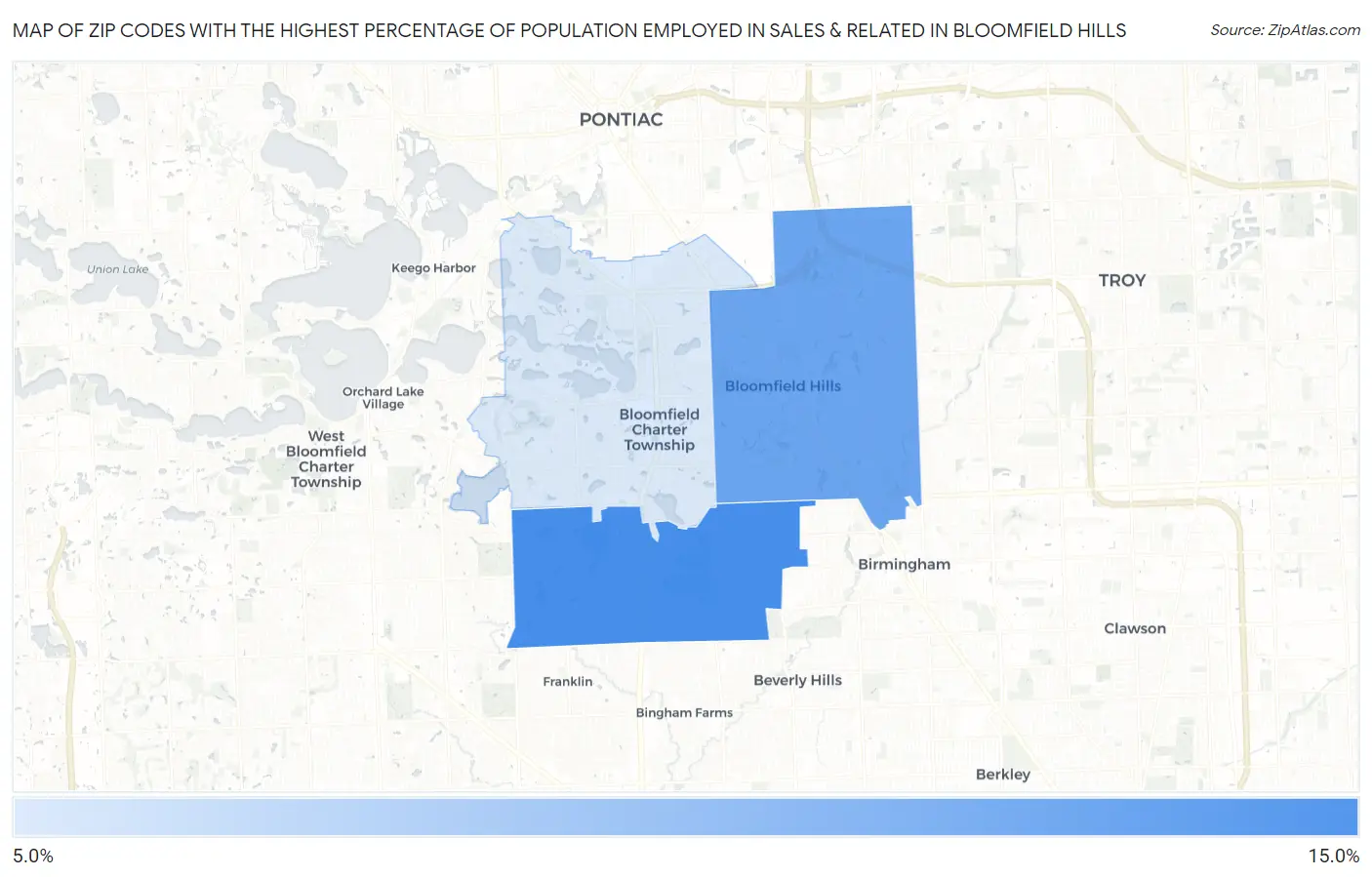 Zip Codes with the Highest Percentage of Population Employed in Sales & Related in Bloomfield Hills Map