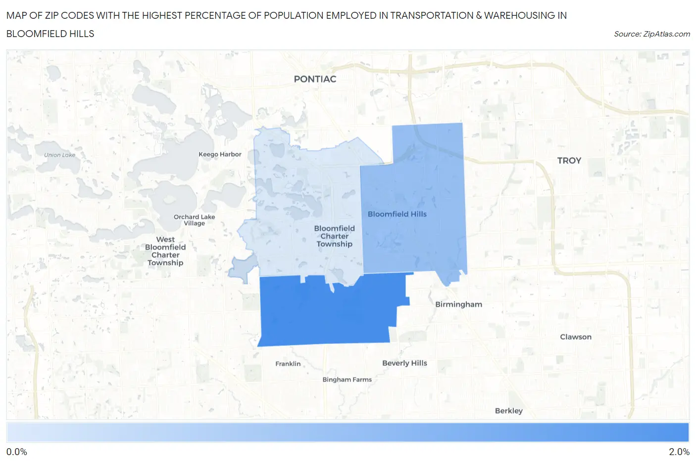 Zip Codes with the Highest Percentage of Population Employed in Transportation & Warehousing in Bloomfield Hills Map