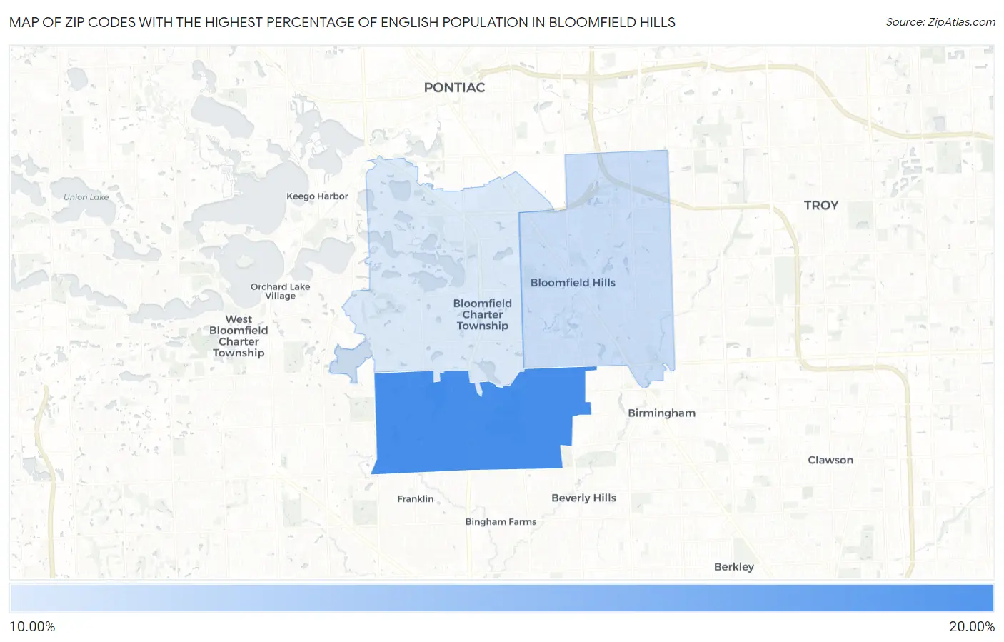 Zip Codes with the Highest Percentage of English Population in Bloomfield Hills Map
