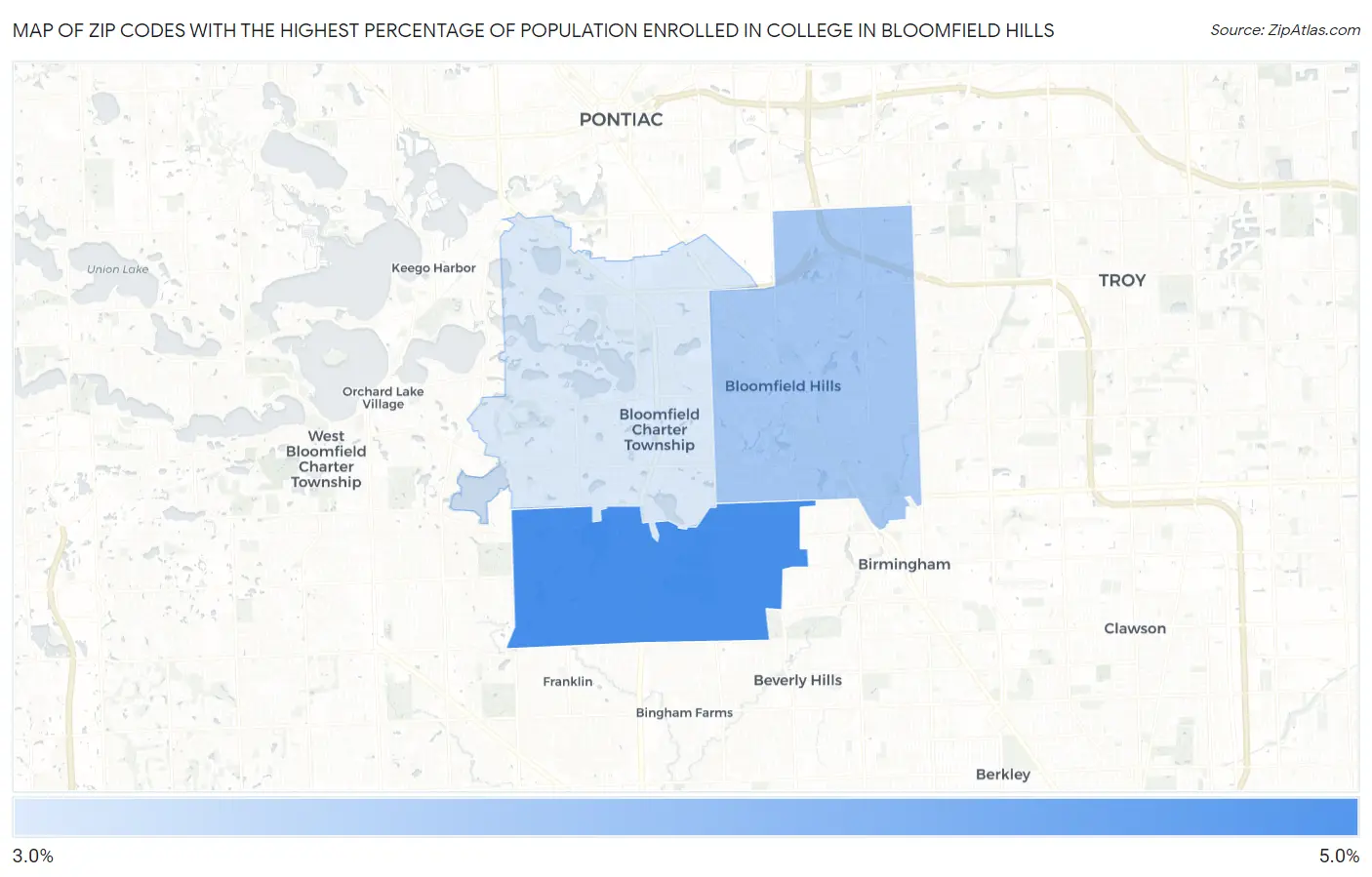 Zip Codes with the Highest Percentage of Population Enrolled in College in Bloomfield Hills Map