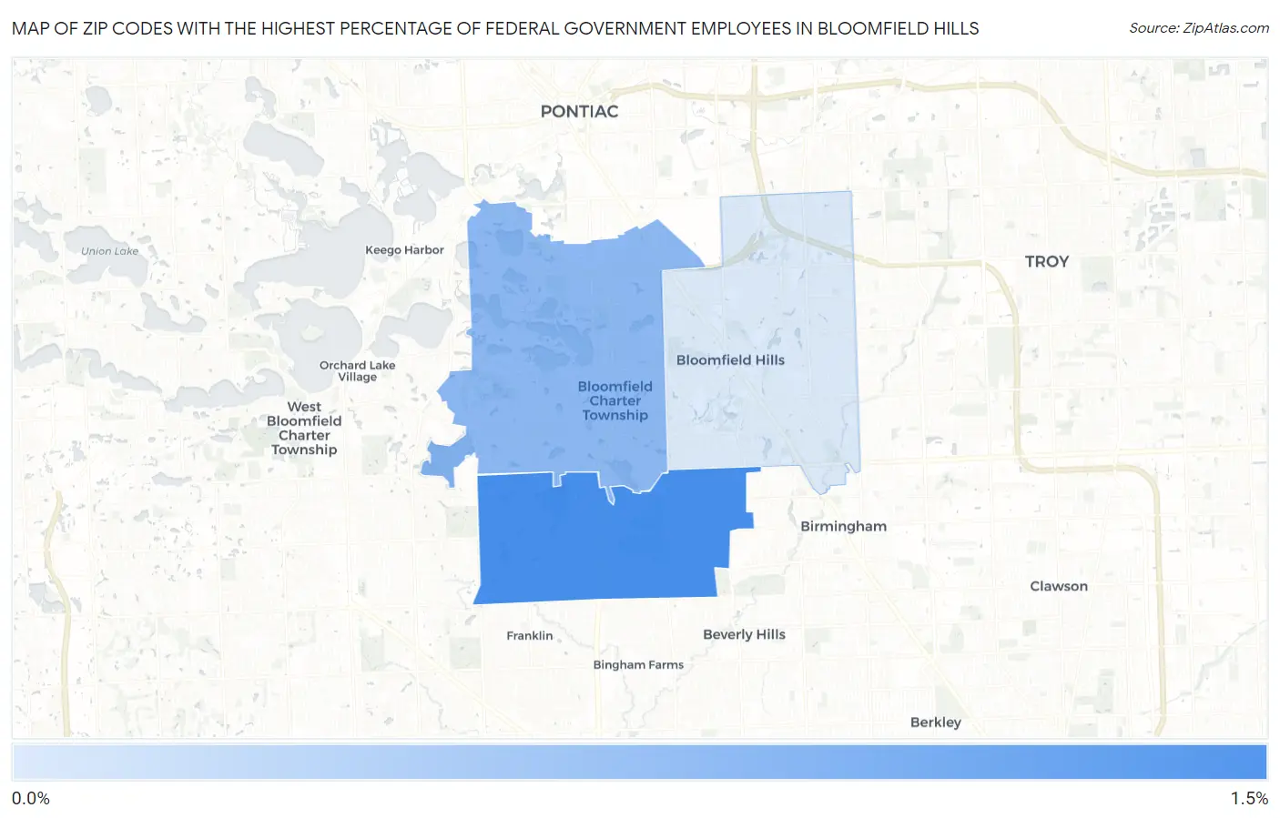 Zip Codes with the Highest Percentage of Federal Government Employees in Bloomfield Hills Map