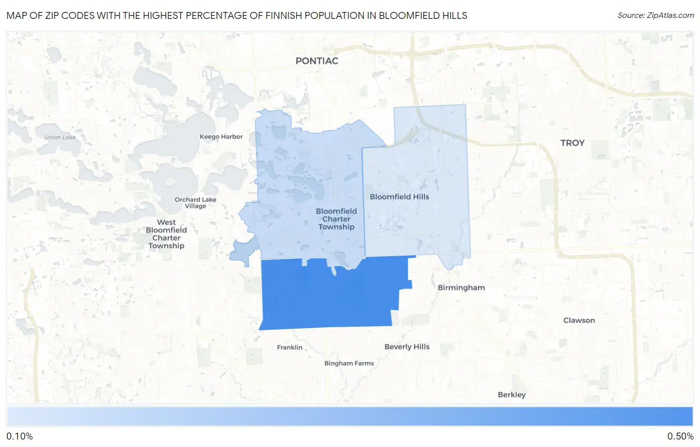 Zip Codes with the Highest Percentage of Finnish Population in Bloomfield Hills Map