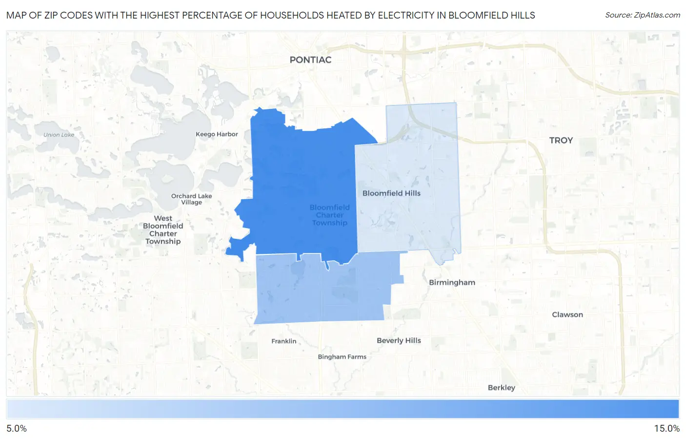 Zip Codes with the Highest Percentage of Households Heated by Electricity in Bloomfield Hills Map