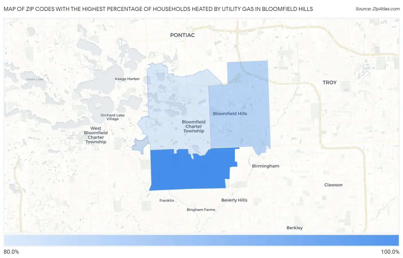 Zip Codes with the Highest Percentage of Households Heated by Utility Gas in Bloomfield Hills Map