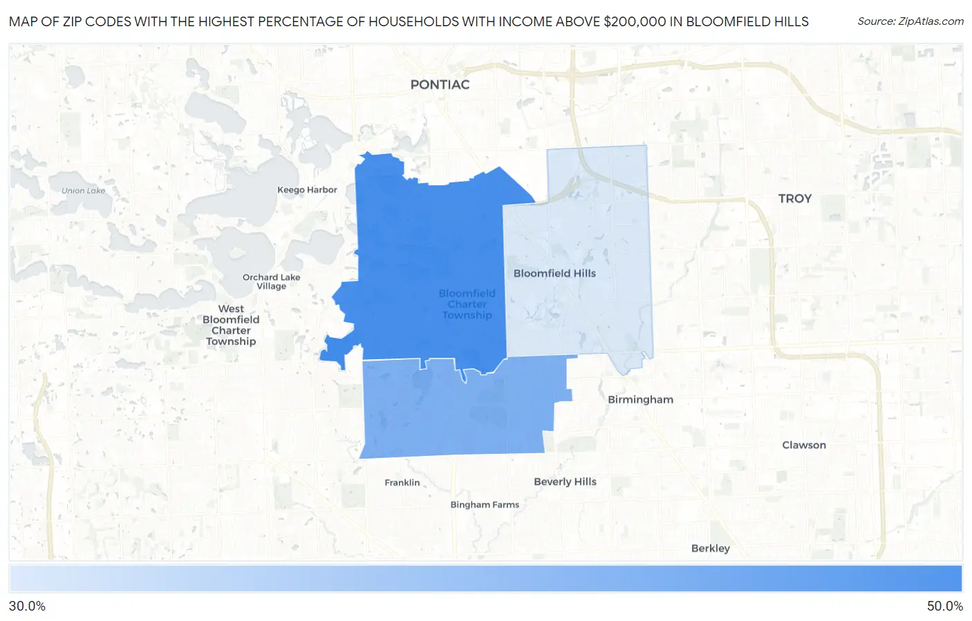 Zip Codes with the Highest Percentage of Households with Income Above $200,000 in Bloomfield Hills Map
