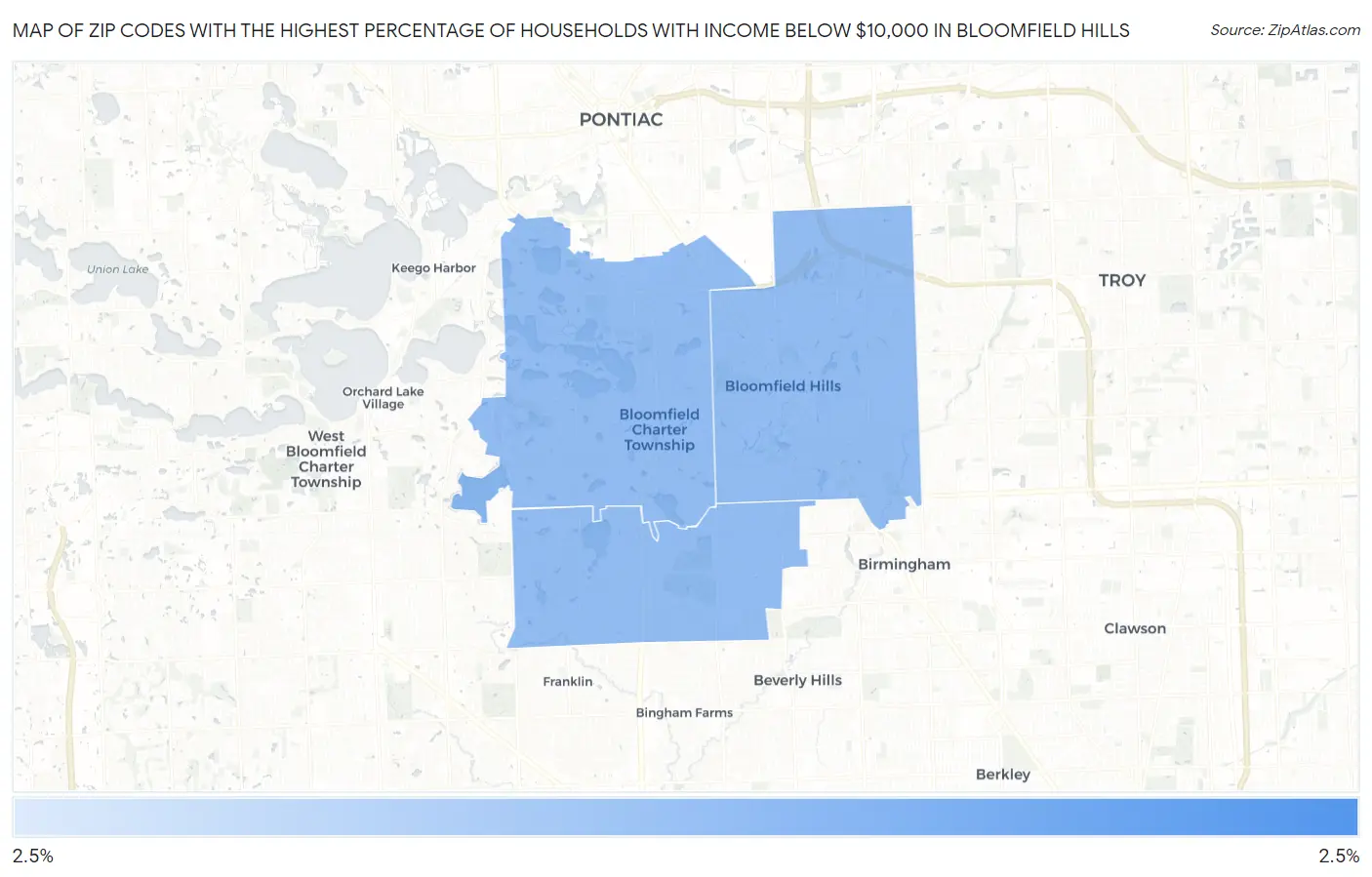 Zip Codes with the Highest Percentage of Households with Income Below $10,000 in Bloomfield Hills Map