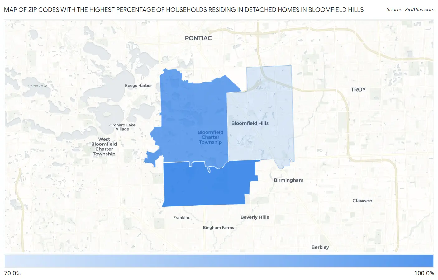 Zip Codes with the Highest Percentage of Households Residing in Detached Homes in Bloomfield Hills Map