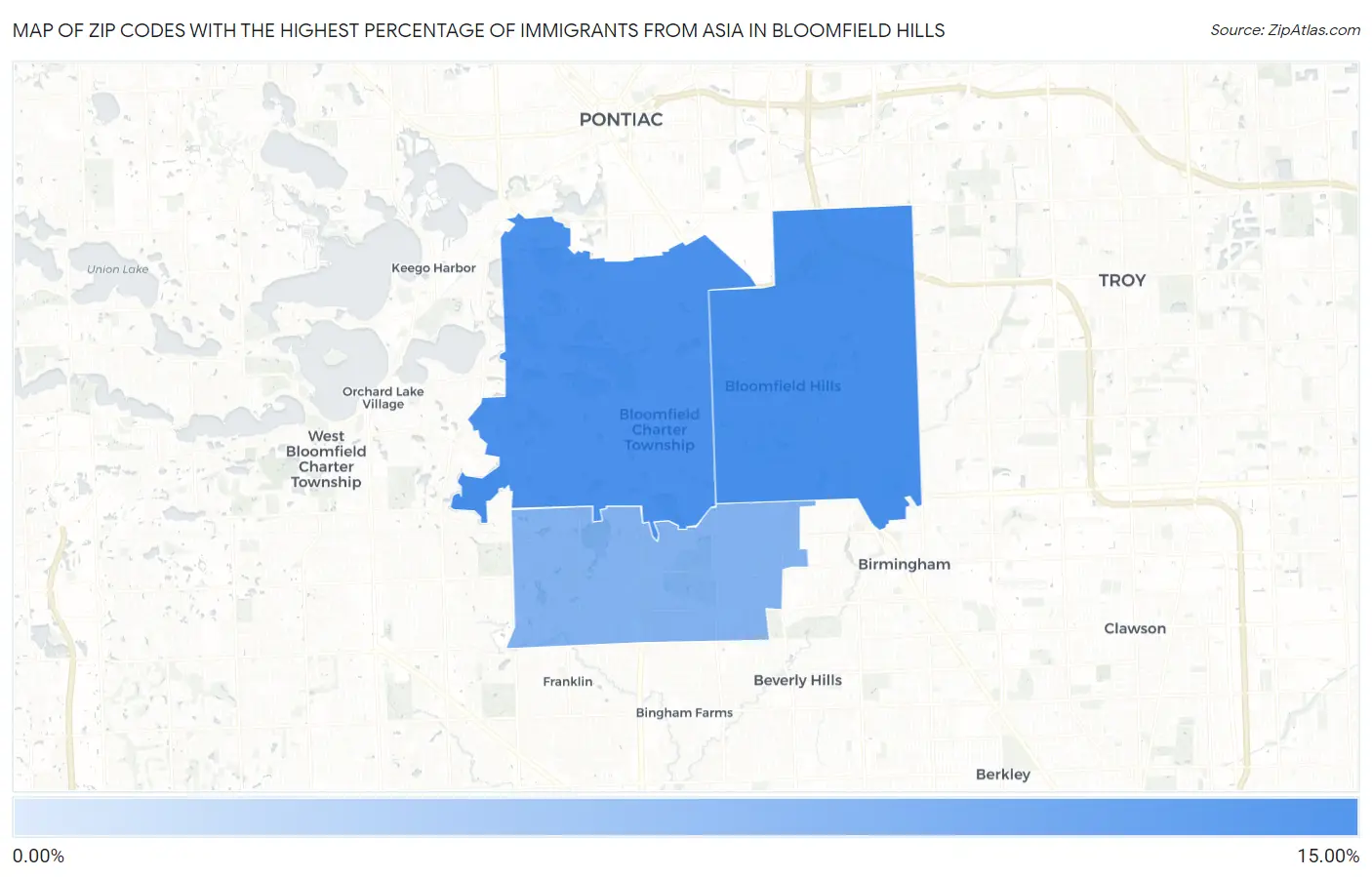 Zip Codes with the Highest Percentage of Immigrants from Asia in Bloomfield Hills Map
