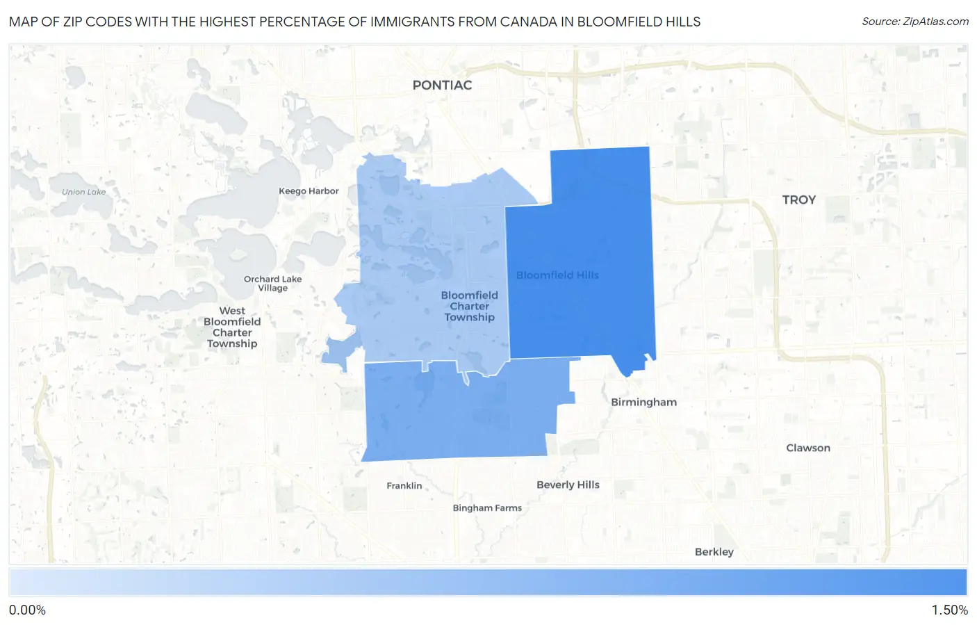 Zip Codes with the Highest Percentage of Immigrants from Canada in Bloomfield Hills Map