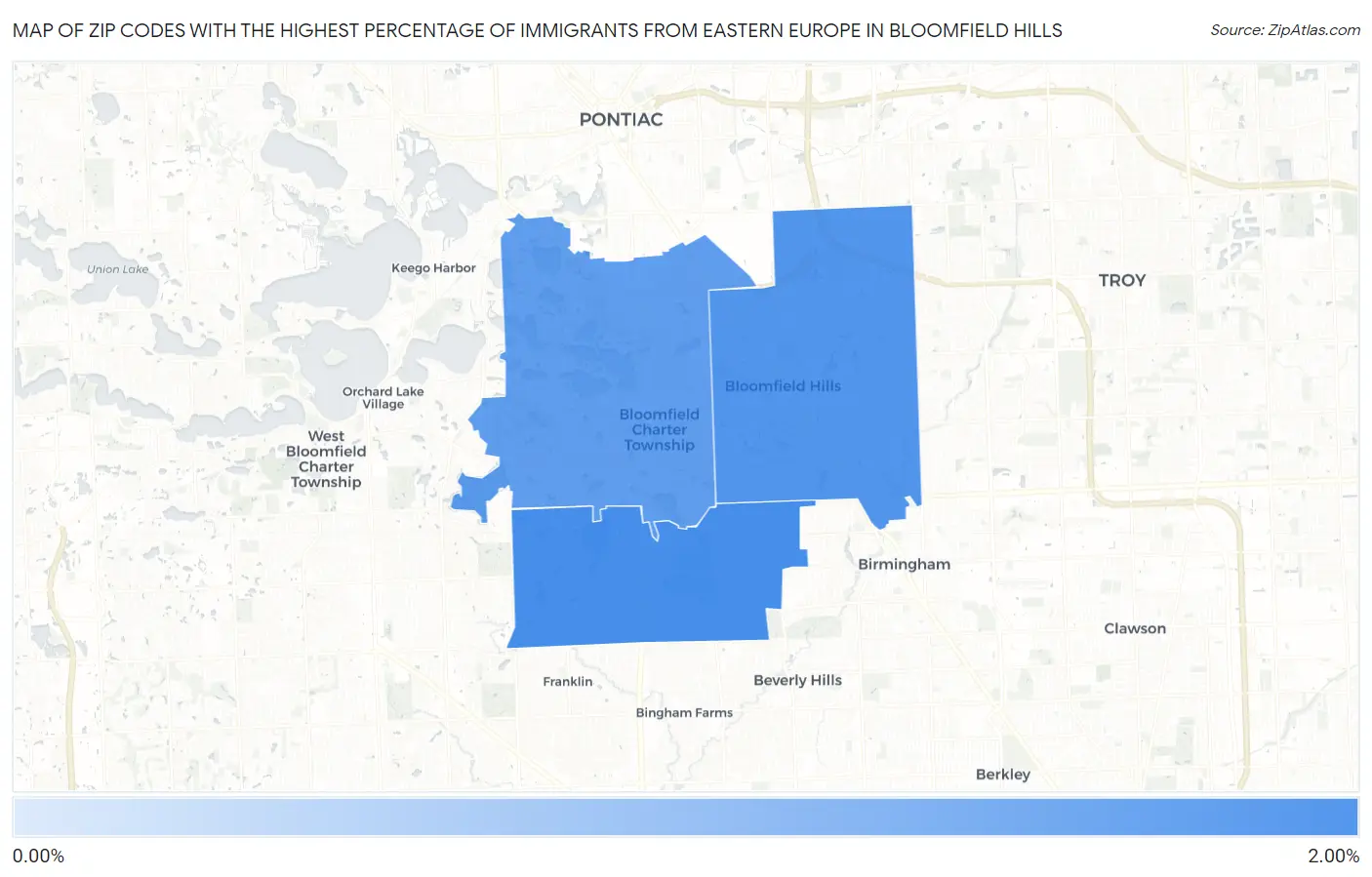 Zip Codes with the Highest Percentage of Immigrants from Eastern Europe in Bloomfield Hills Map