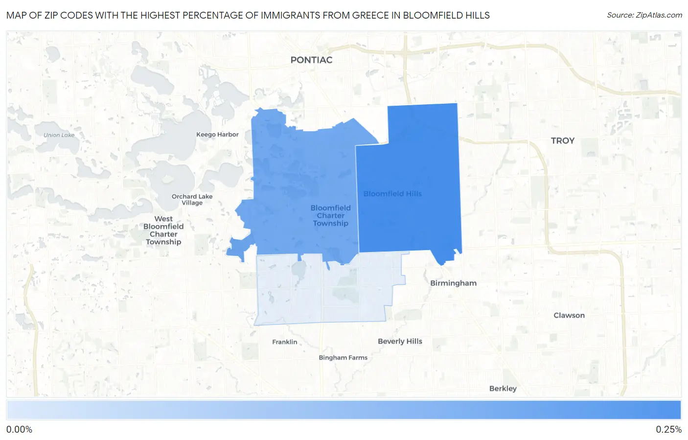 Zip Codes with the Highest Percentage of Immigrants from Greece in Bloomfield Hills Map