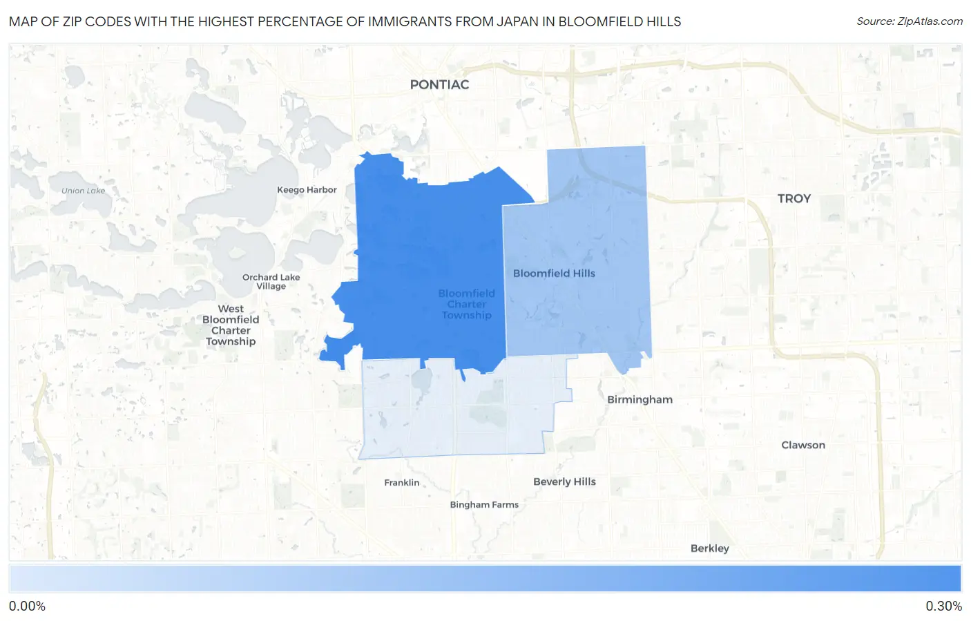 Zip Codes with the Highest Percentage of Immigrants from Japan in Bloomfield Hills Map
