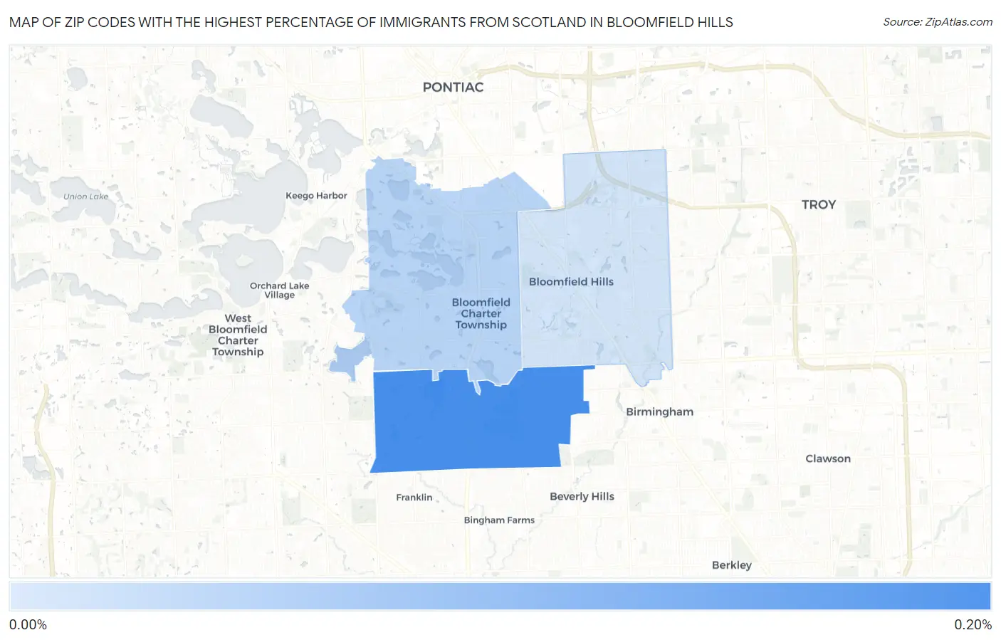 Zip Codes with the Highest Percentage of Immigrants from Scotland in Bloomfield Hills Map