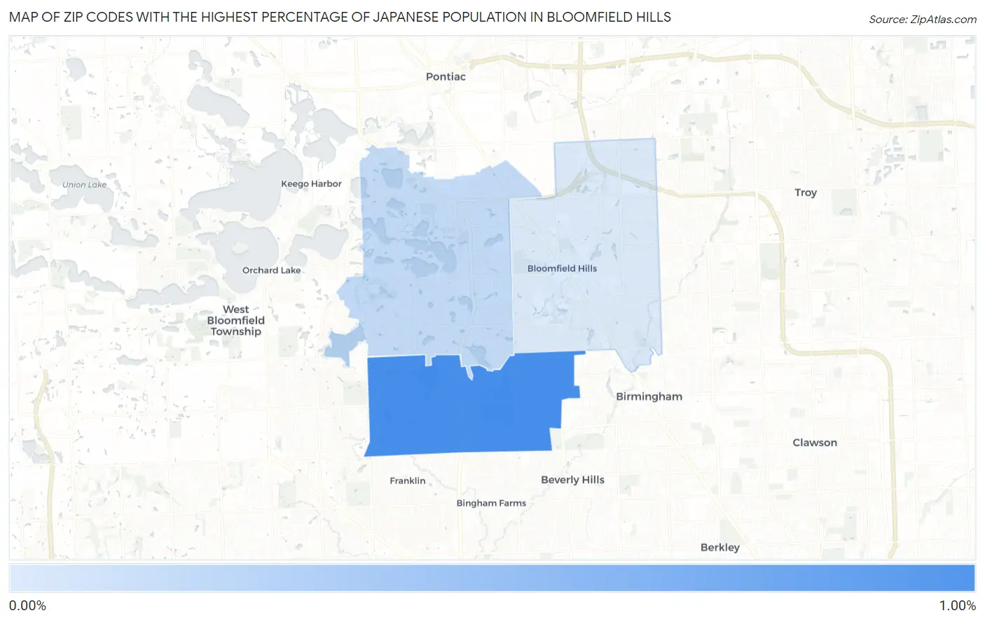 Zip Codes with the Highest Percentage of Japanese Population in Bloomfield Hills Map
