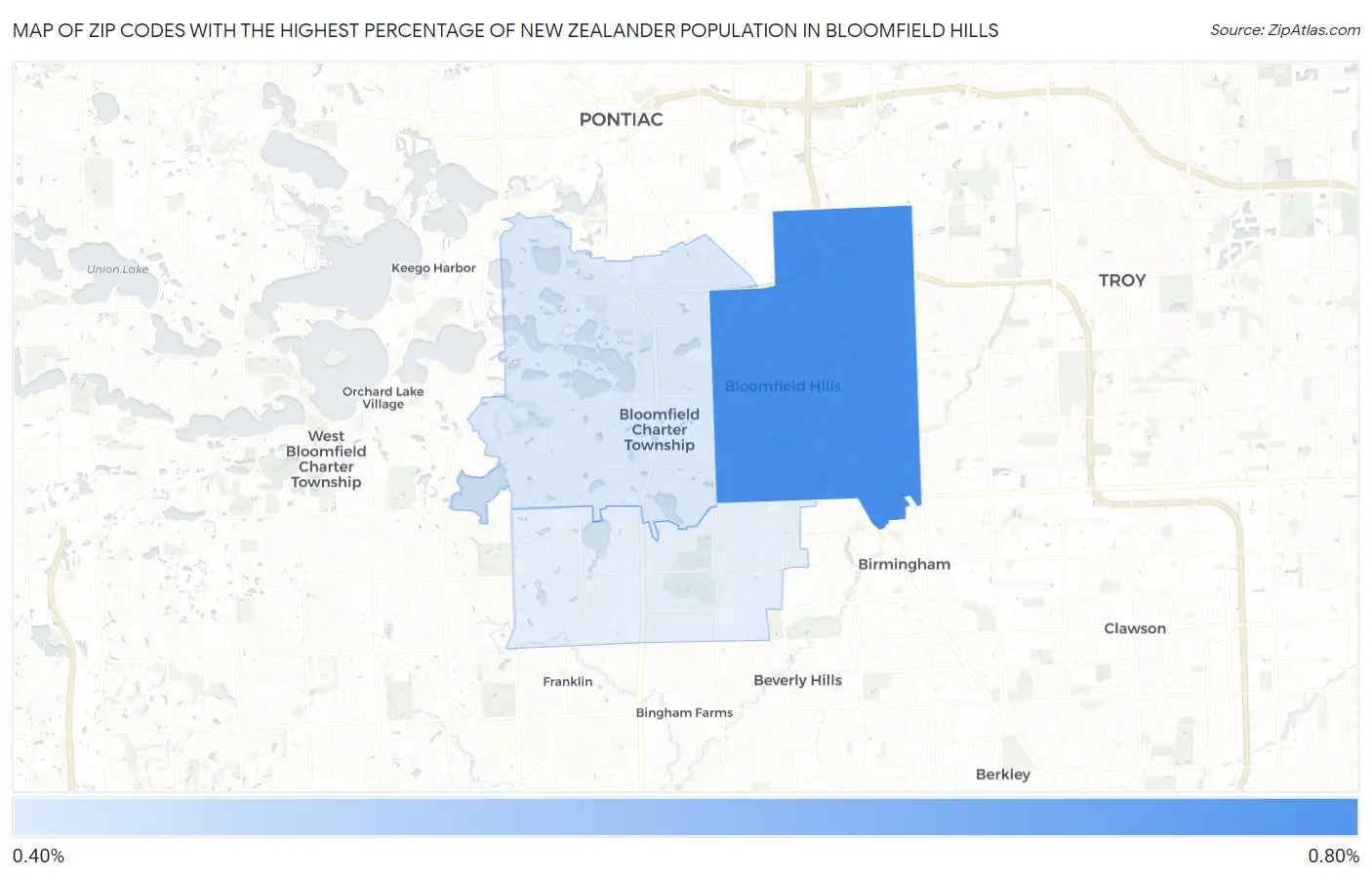 Zip Codes with the Highest Percentage of New Zealander Population in Bloomfield Hills Map
