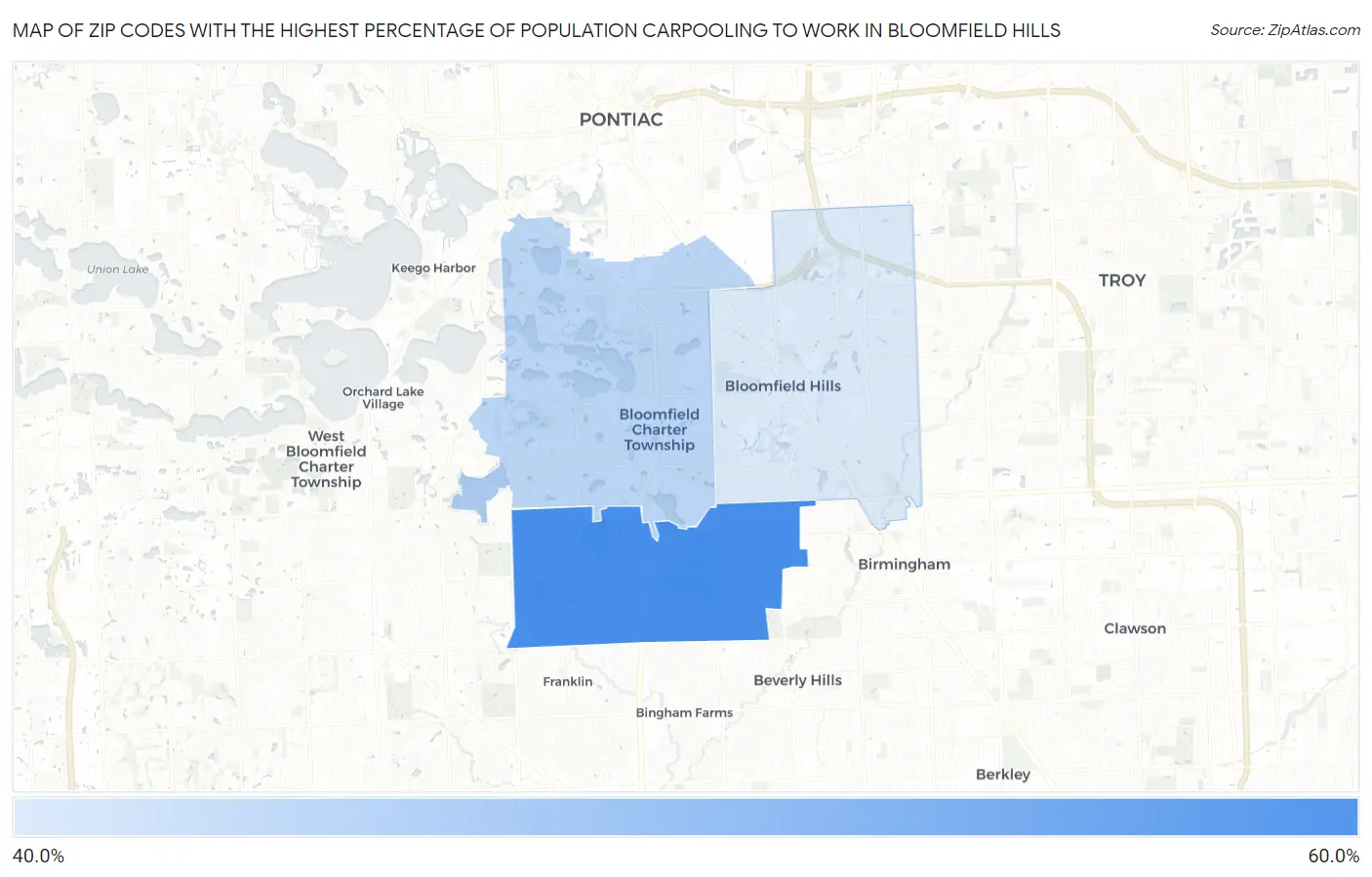 Zip Codes with the Highest Percentage of Population Carpooling to Work in Bloomfield Hills Map