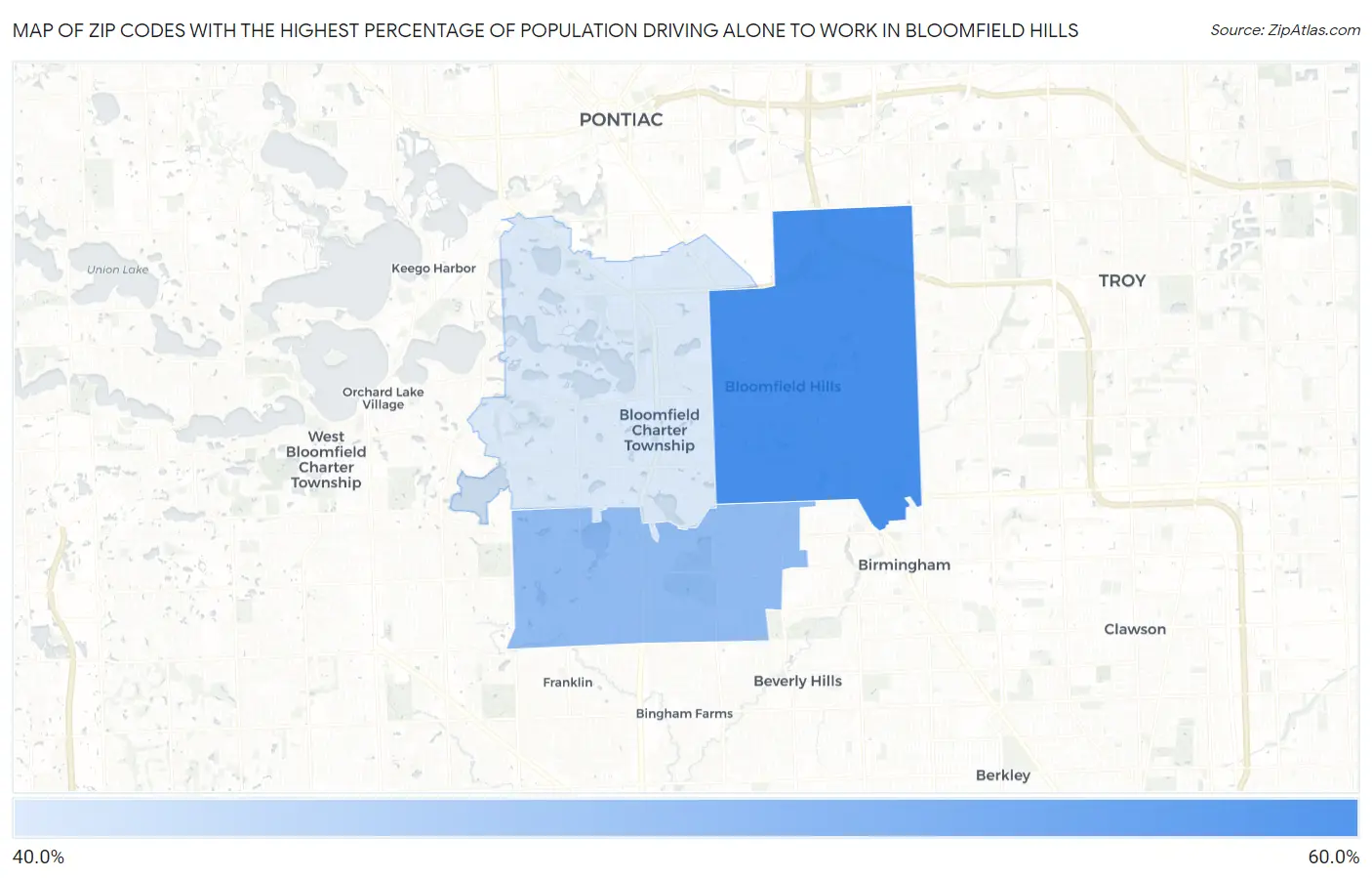 Zip Codes with the Highest Percentage of Population Driving Alone to Work in Bloomfield Hills Map