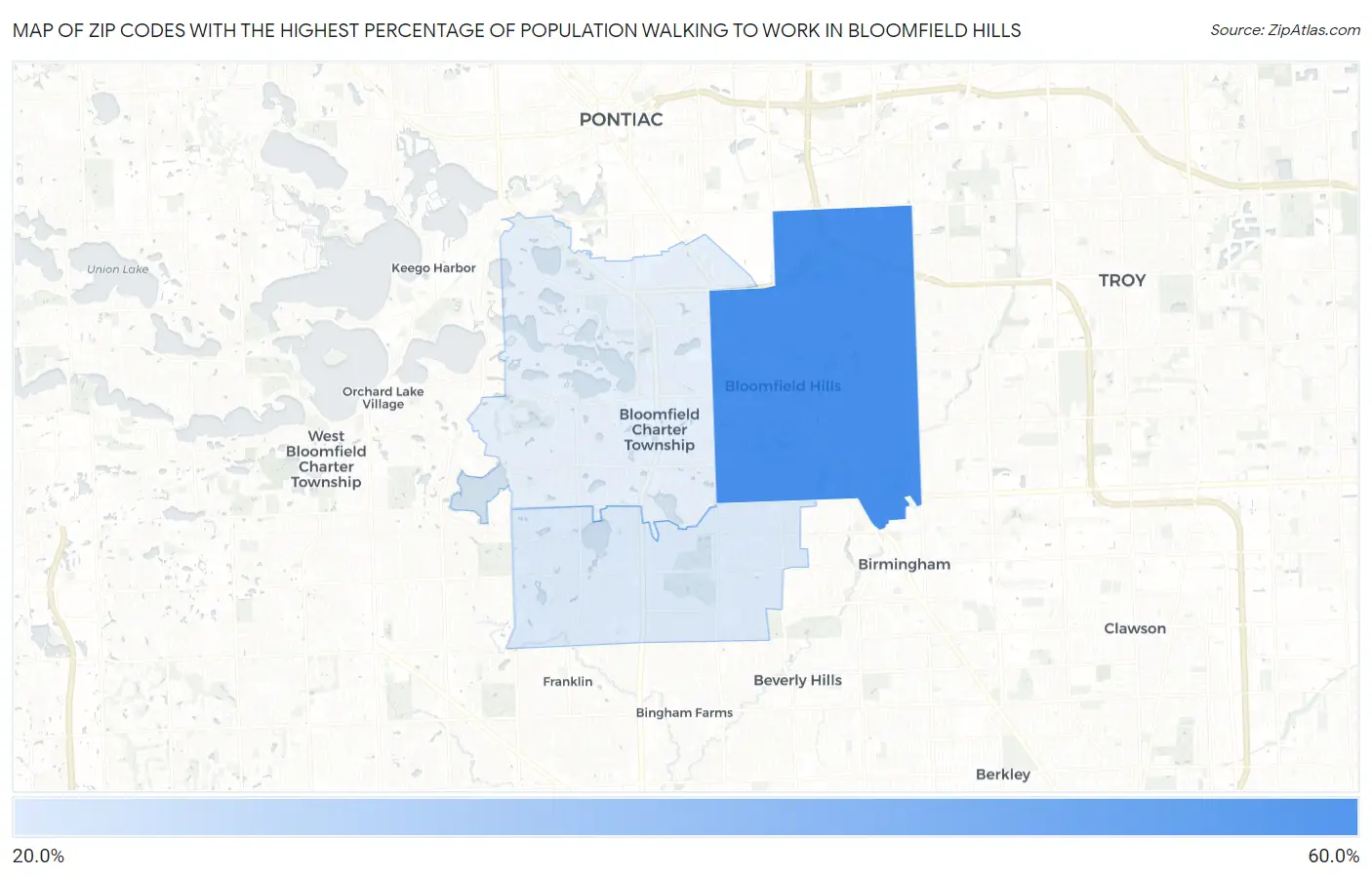 Zip Codes with the Highest Percentage of Population Walking to Work in Bloomfield Hills Map