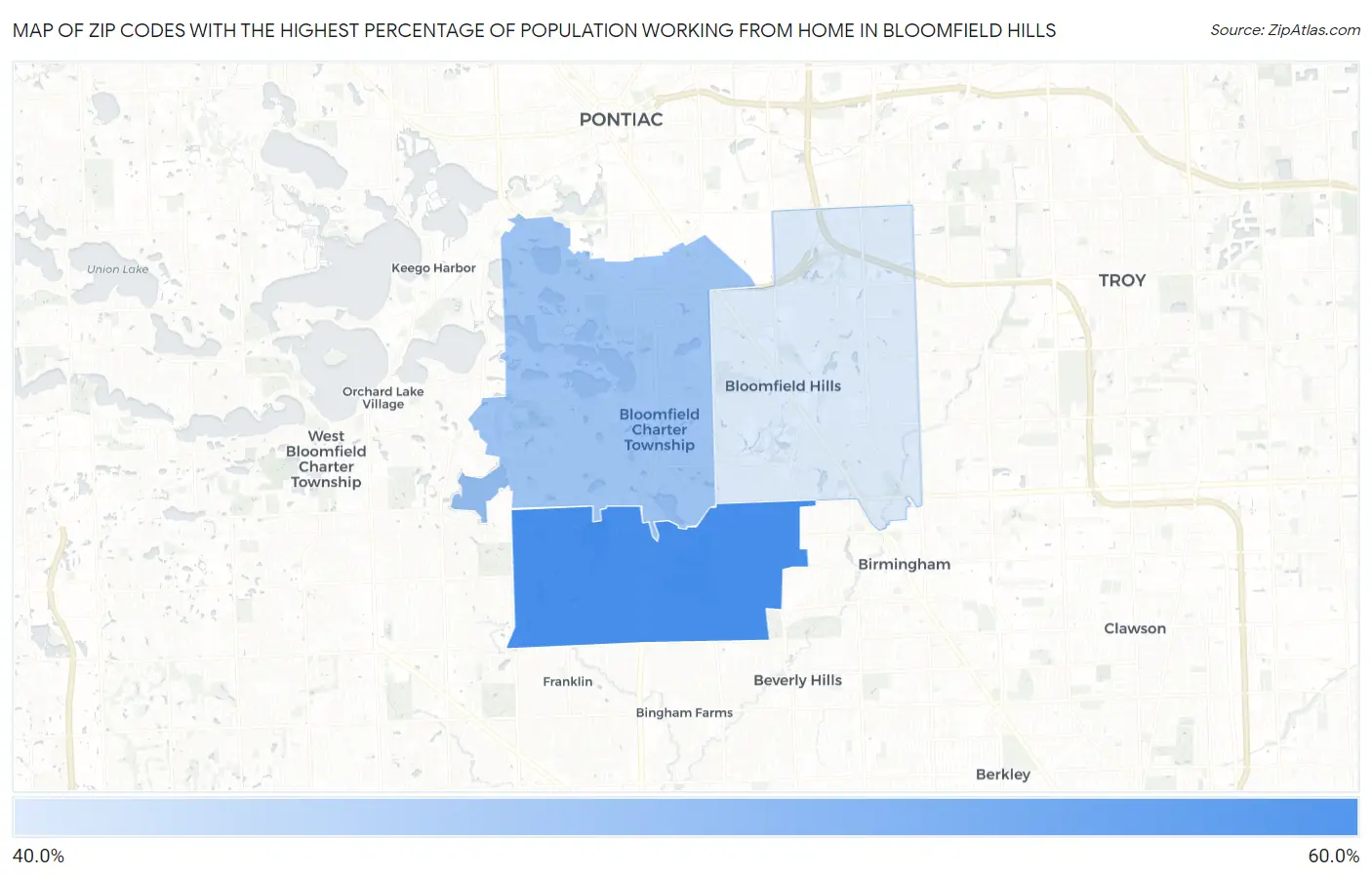 Zip Codes with the Highest Percentage of Population Working from Home in Bloomfield Hills Map