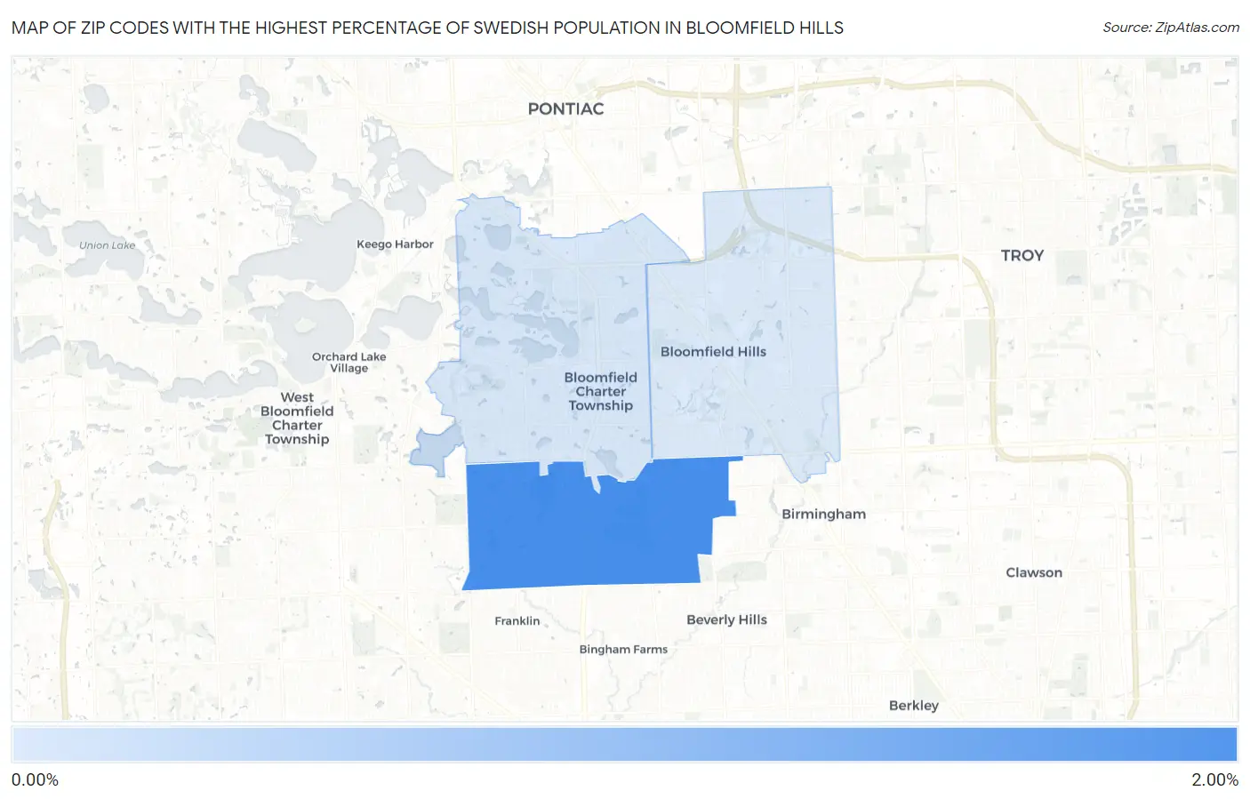 Zip Codes with the Highest Percentage of Swedish Population in Bloomfield Hills Map