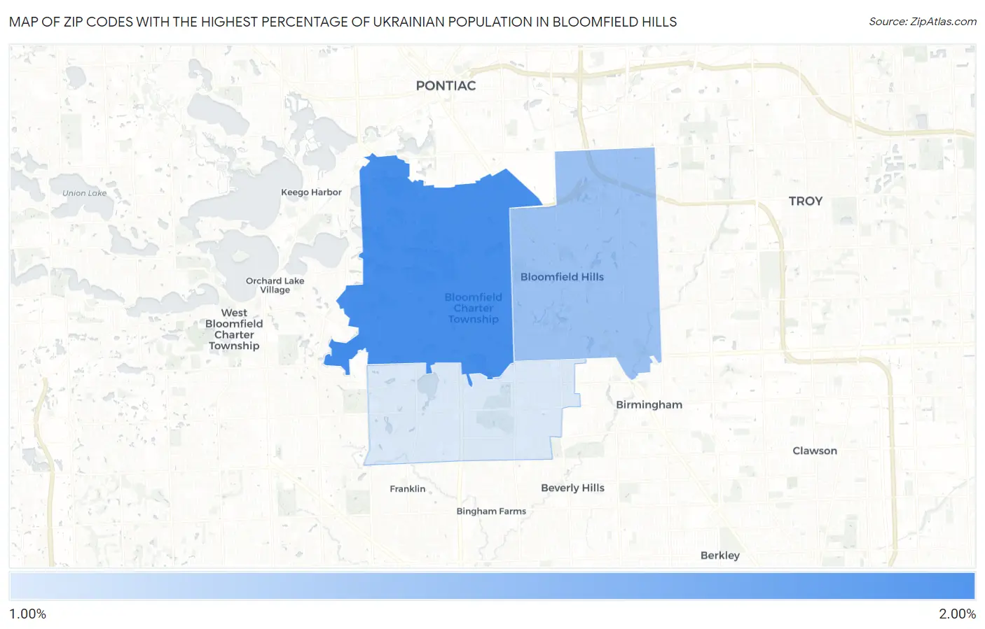 Zip Codes with the Highest Percentage of Ukrainian Population in Bloomfield Hills Map