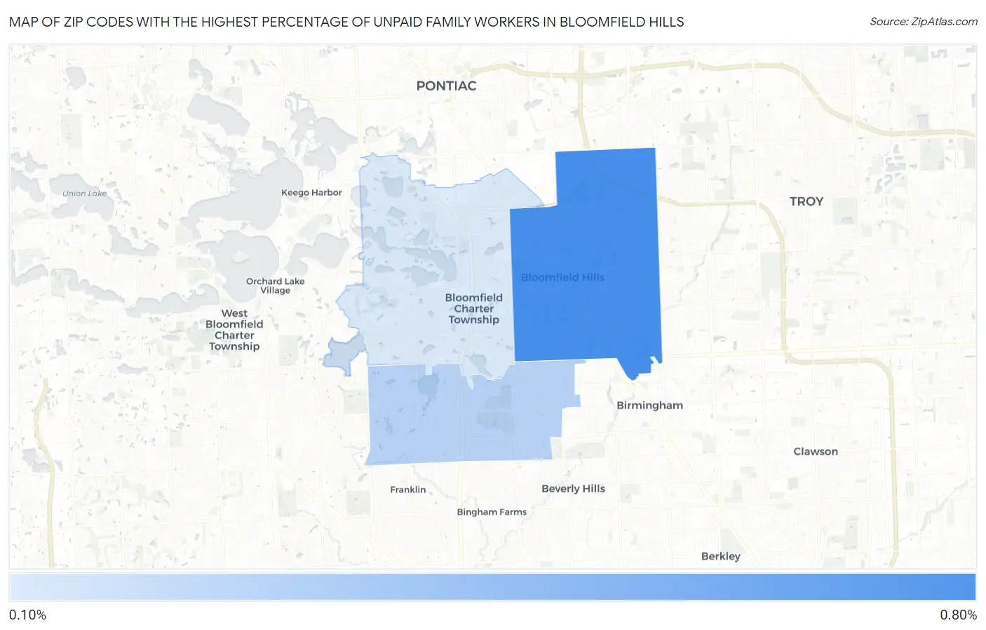 Zip Codes with the Highest Percentage of Unpaid Family Workers in Bloomfield Hills Map