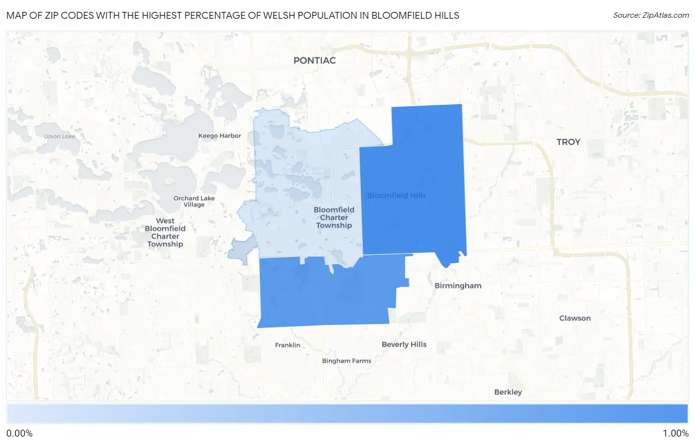 Zip Codes with the Highest Percentage of Welsh Population in Bloomfield Hills Map