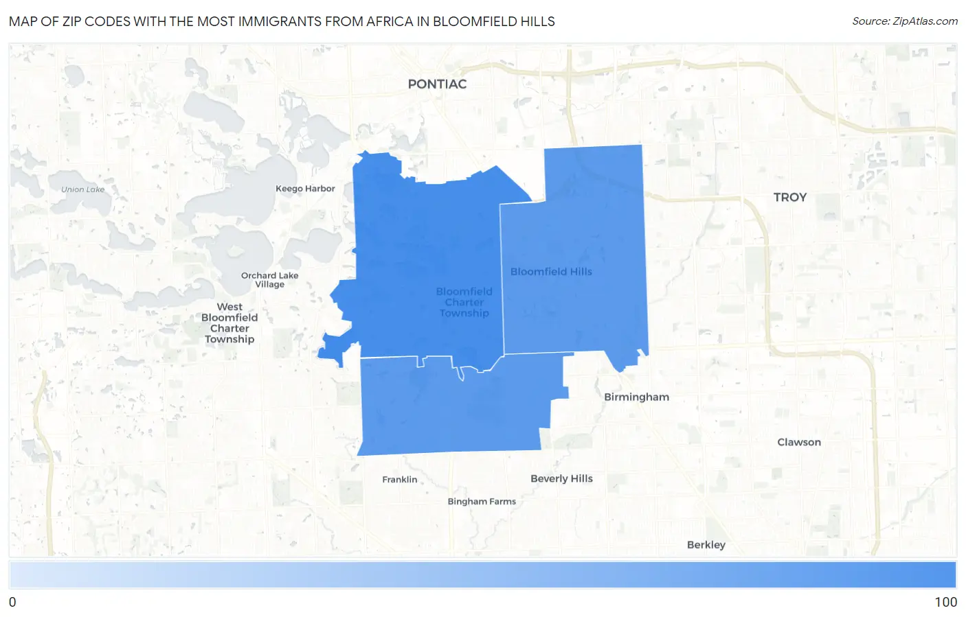 Zip Codes with the Most Immigrants from Africa in Bloomfield Hills Map