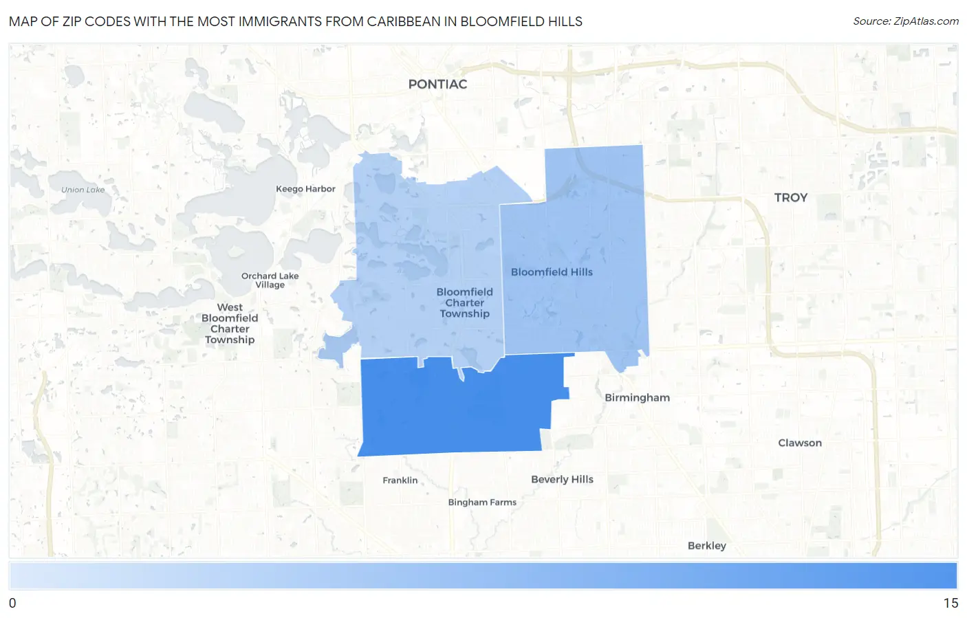 Zip Codes with the Most Immigrants from Caribbean in Bloomfield Hills Map