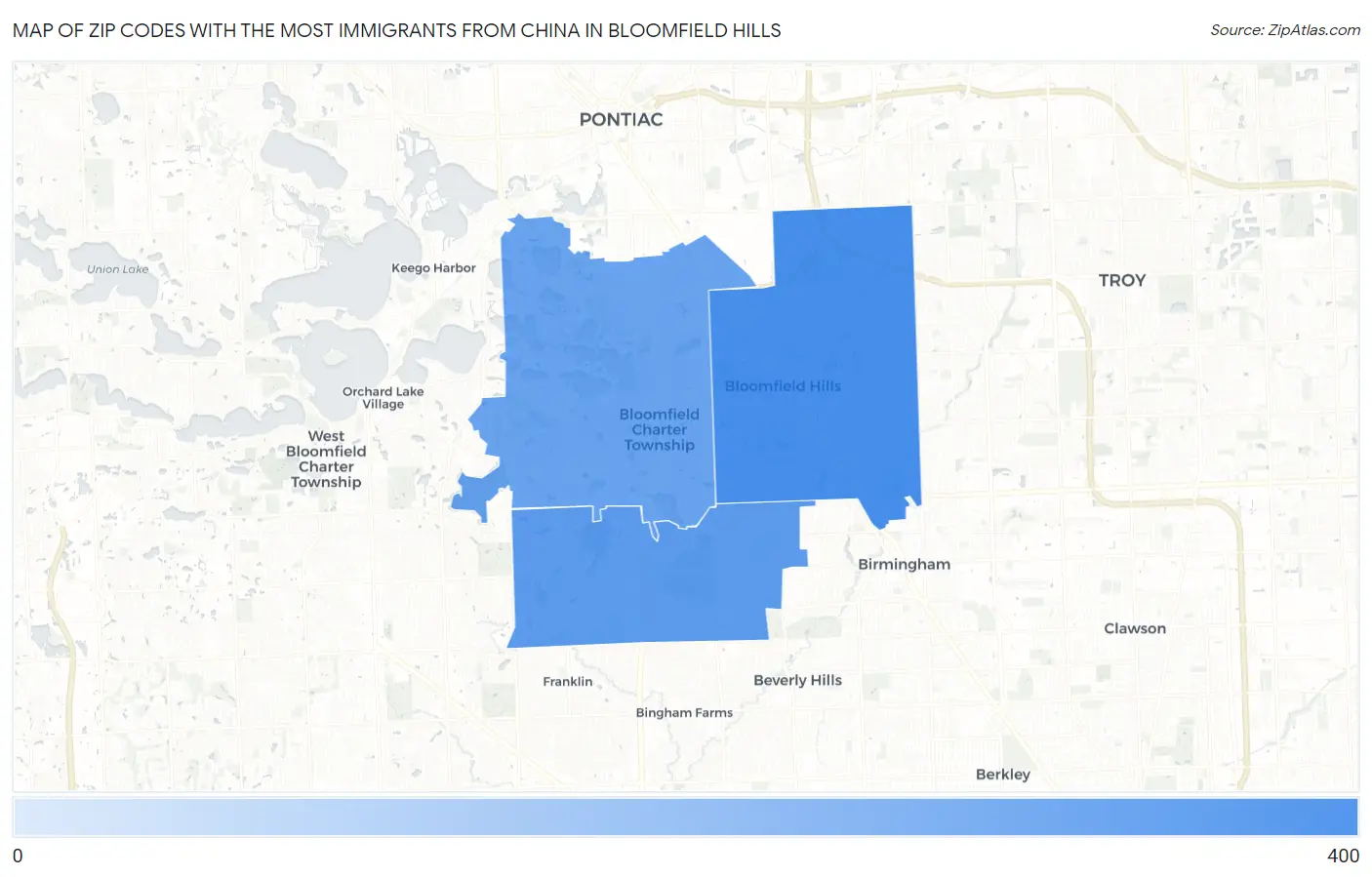 Zip Codes with the Most Immigrants from China in Bloomfield Hills Map