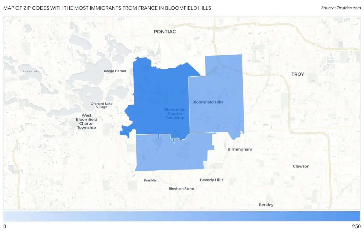 Zip Codes with the Most Immigrants from France in Bloomfield Hills Map