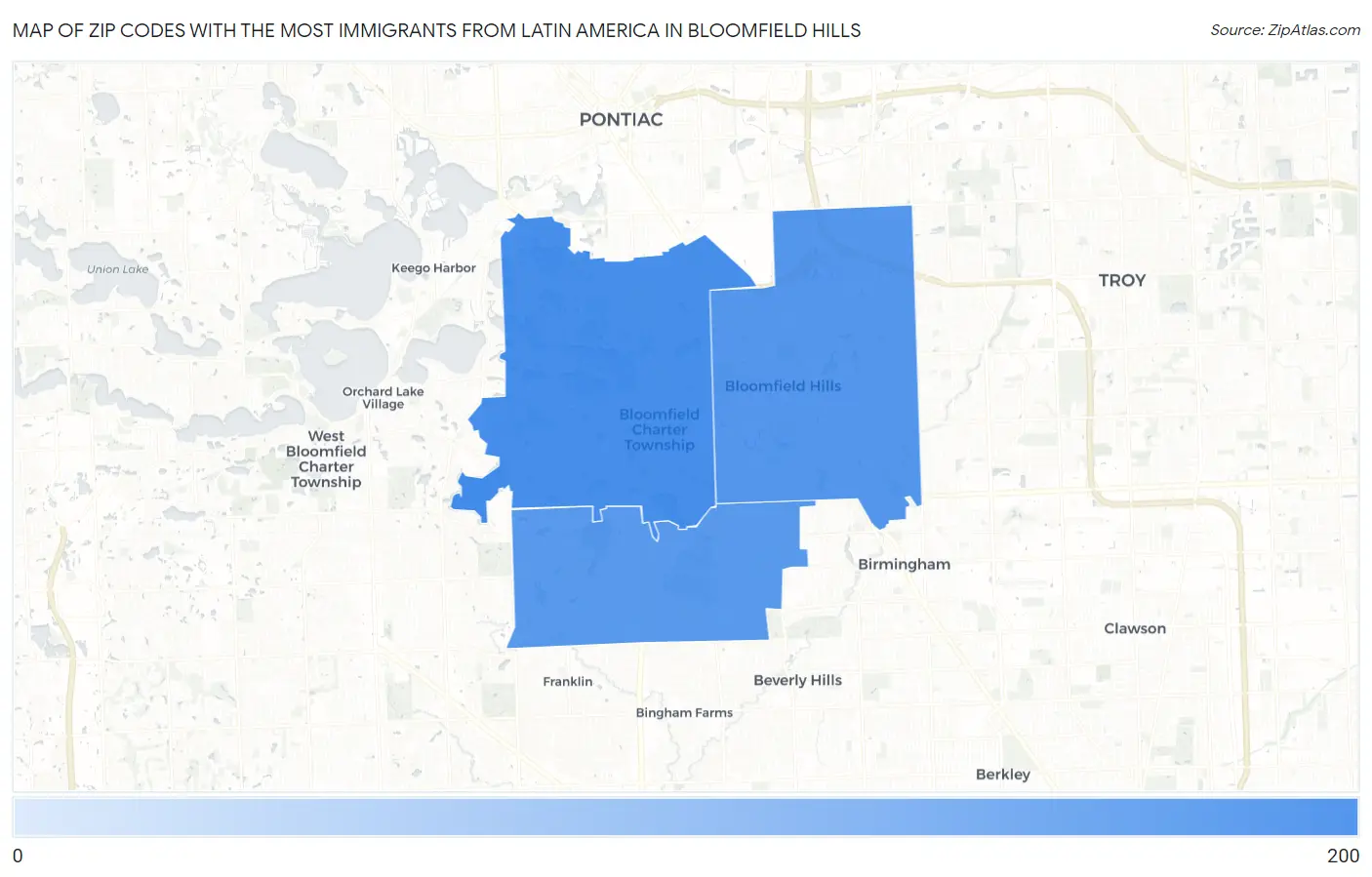 Zip Codes with the Most Immigrants from Latin America in Bloomfield Hills Map