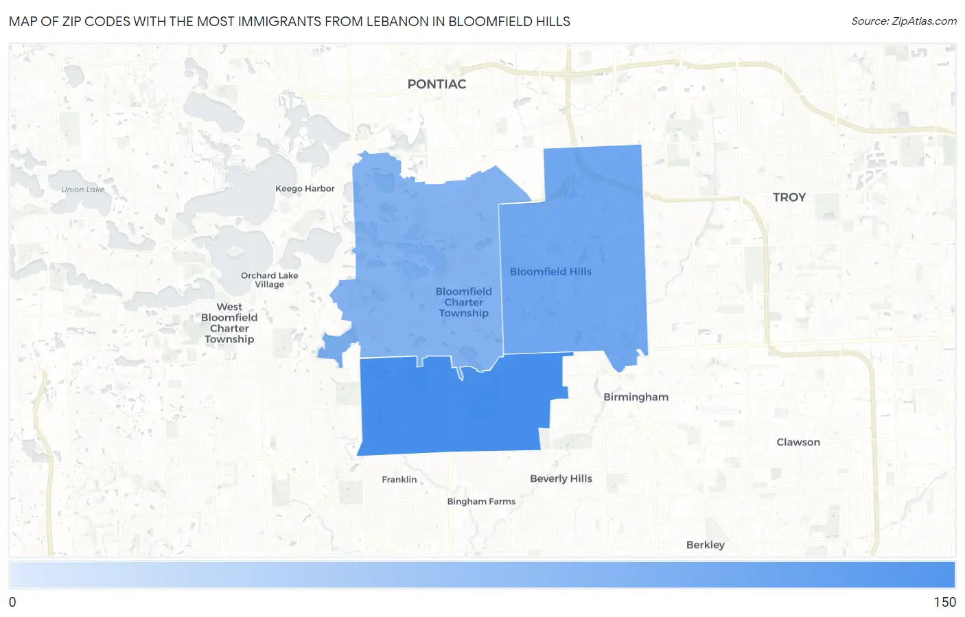Zip Codes with the Most Immigrants from Lebanon in Bloomfield Hills Map
