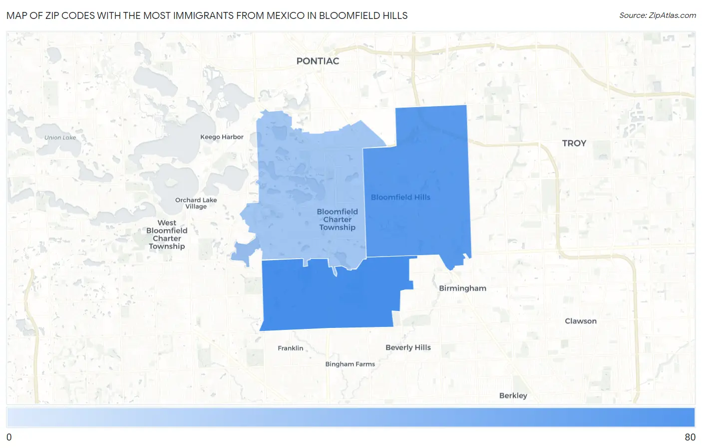 Zip Codes with the Most Immigrants from Mexico in Bloomfield Hills Map