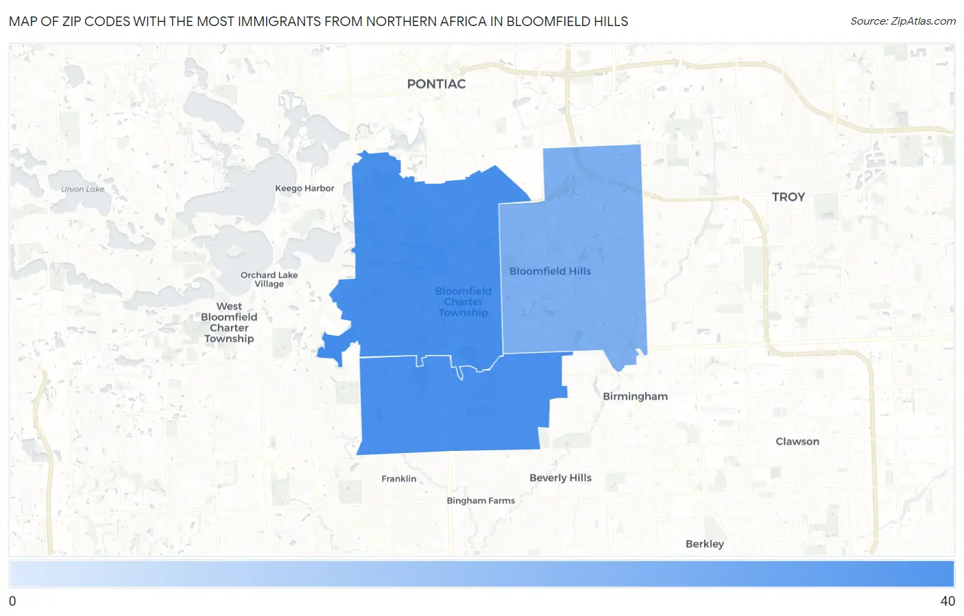Zip Codes with the Most Immigrants from Northern Africa in Bloomfield Hills Map