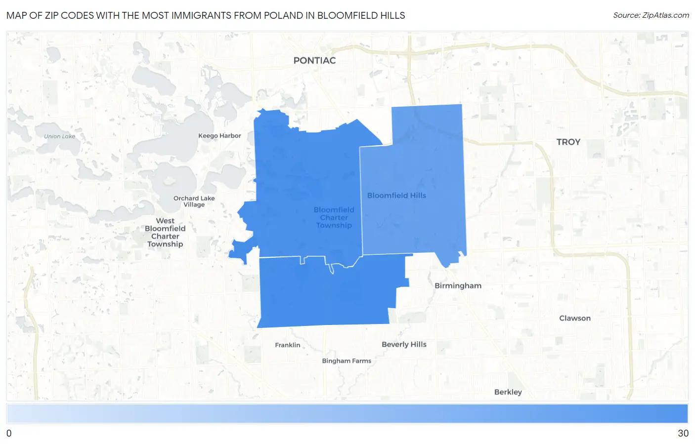 Zip Codes with the Most Immigrants from Poland in Bloomfield Hills Map
