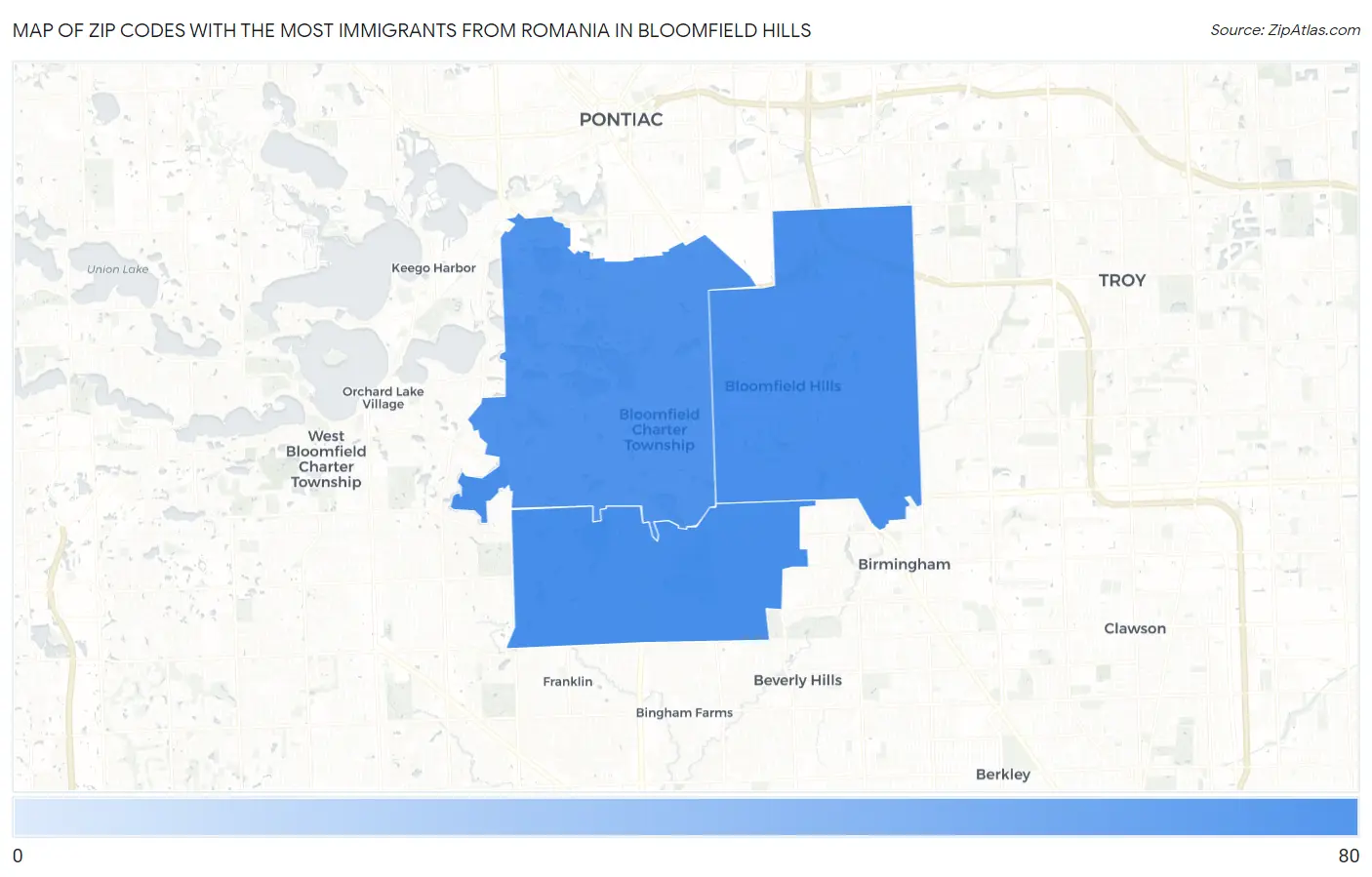 Zip Codes with the Most Immigrants from Romania in Bloomfield Hills Map