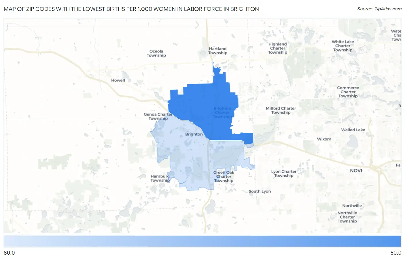 Zip Codes with the Lowest Births per 1,000 Women in Labor Force in Brighton Map